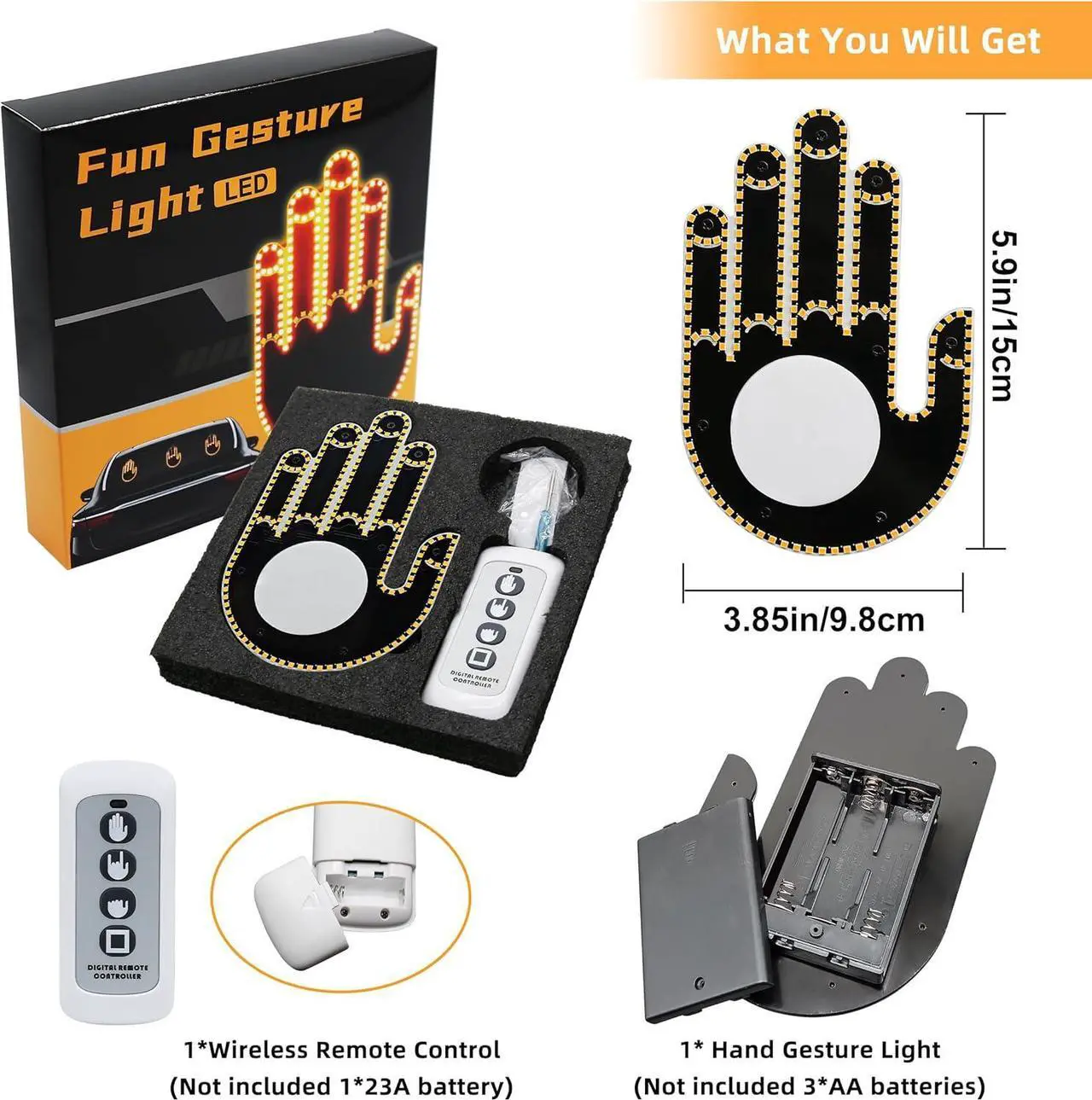 Alt view image 7 of 7 - Hand Gesture Light for Car - 3 in 1 LED Finger Light with Remote Control | Back Window Sign for Drivers, Fun Car Accessories & Road Rage Gadgets (Yellow)