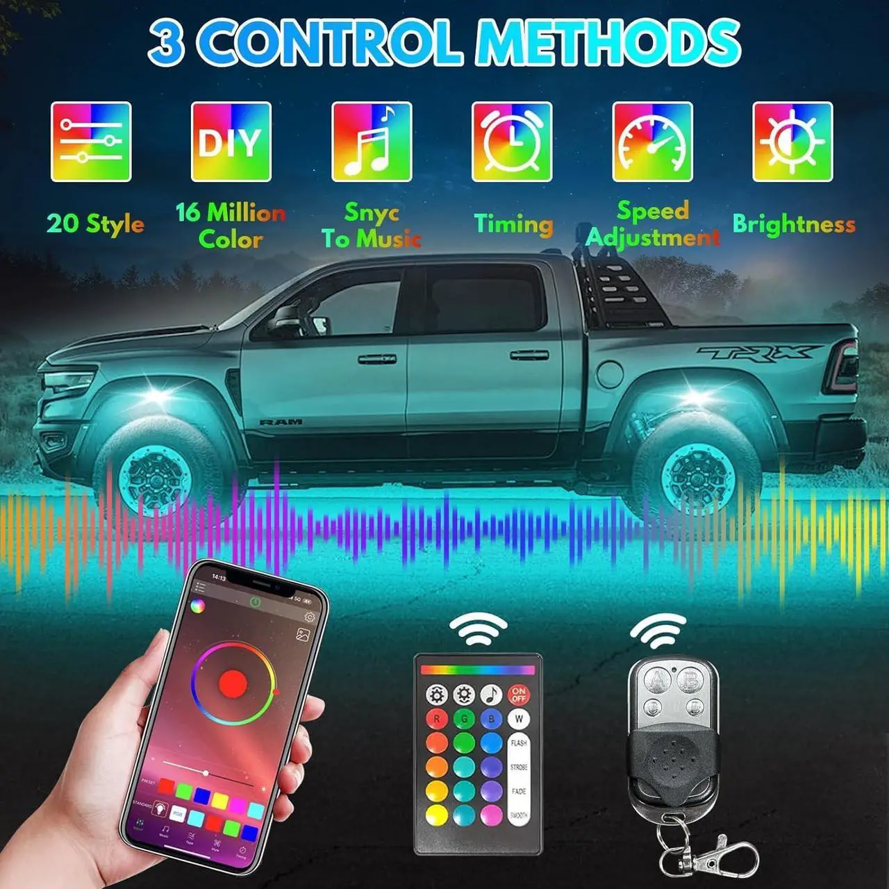 Alt view image 3 of 7 - Rock Lights for Trucks, 4 Pods RGB LED Kit with APP/RF Remote Control & Music Mode, Full Angle Waterproof Underglow for Car, Jeep, UTV, RZR, SUV, ATV, Boat, Golf Cart