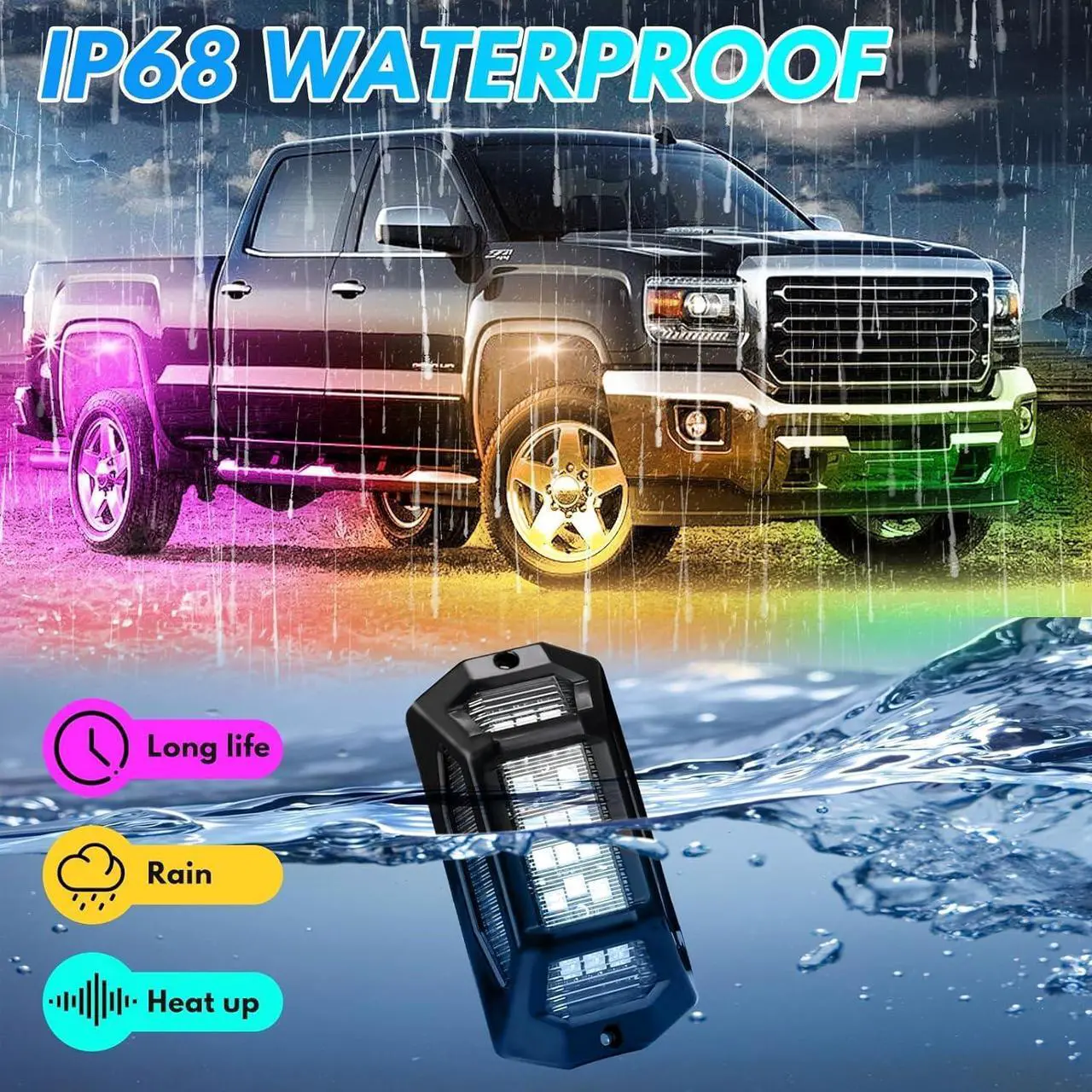 Alt view image 4 of 7 - Rock Lights for Trucks, 4 Pods RGB LED Kit with APP/RF Remote Control & Music Mode, Full Angle Waterproof Underglow for Car, Jeep, UTV, RZR, SUV, ATV, Boat, Golf Cart