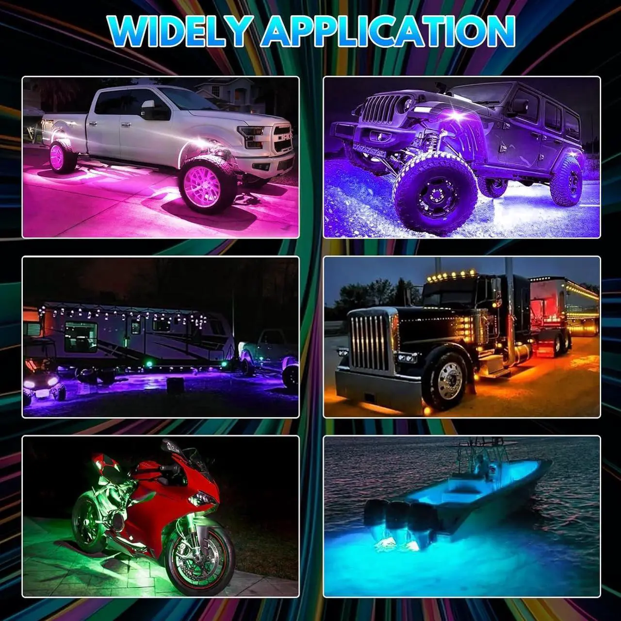Alt view image 6 of 7 - Rock Lights for Trucks, 4 Pods RGB LED Kit with APP/RF Remote Control & Music Mode, Full Angle Waterproof Underglow for Car, Jeep, UTV, RZR, SUV, ATV, Boat, Golf Cart