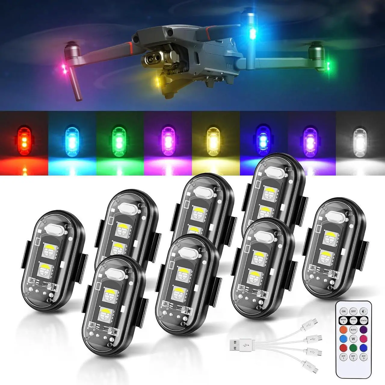 Main image of Wireless LED Strobe Lights Remote Control, 8 Colors USB Charing Waterproof Anti-Collision Flashing Emergency Warning Lights for Car Motorcycle Drone Aircraft Bike 8PCS