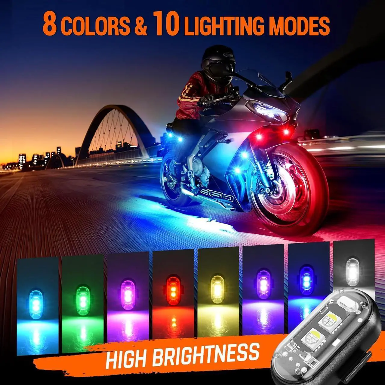 Alt view image 2 of 7 - Wireless LED Strobe Lights Remote Control, 8 Colors USB Charing Waterproof Anti-Collision Flashing Emergency Warning Lights for Car Motorcycle Drone Aircraft Bike 8PCS