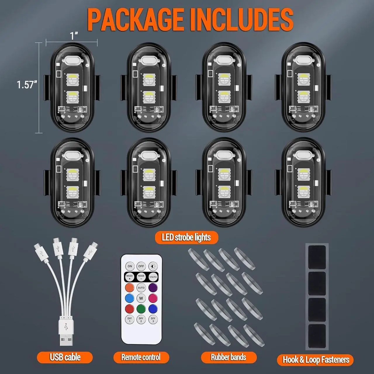 Alt view image 6 of 7 - Wireless LED Strobe Lights Remote Control, 8 Colors USB Charing Waterproof Anti-Collision Flashing Emergency Warning Lights for Car Motorcycle Drone Aircraft Bike 8PCS