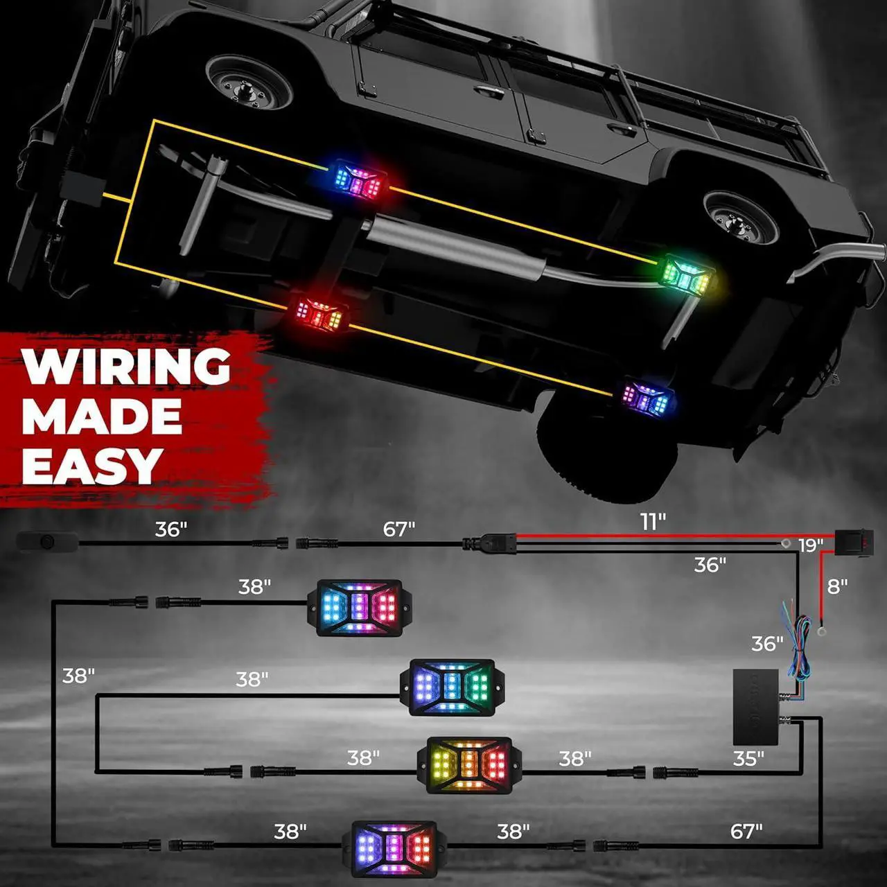 Alt view image 5 of 7 - 4 Pods Five Sided RGB Rock Lights for Trucks Jeep UTV SUV ATV, Multi Chasing Color App/Remote Control Led Rock Lights with Music Mode, Waterproof Exterior Underglow Kits for Cars