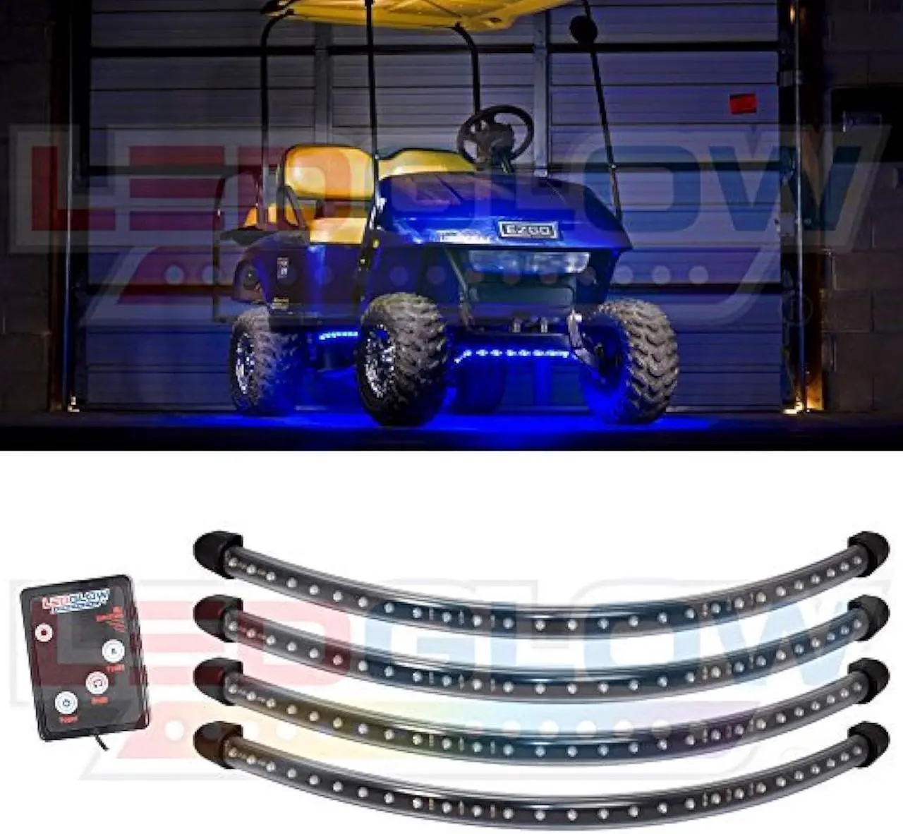 Main image of LEDGlow 4pc Blue LED Golf Cart Underbody Underglow Accent Neon Light Kit for EZGO Yamaha Club Car - Water Resistant Flexible Tubes - Includes Control Box & Wireless Remote