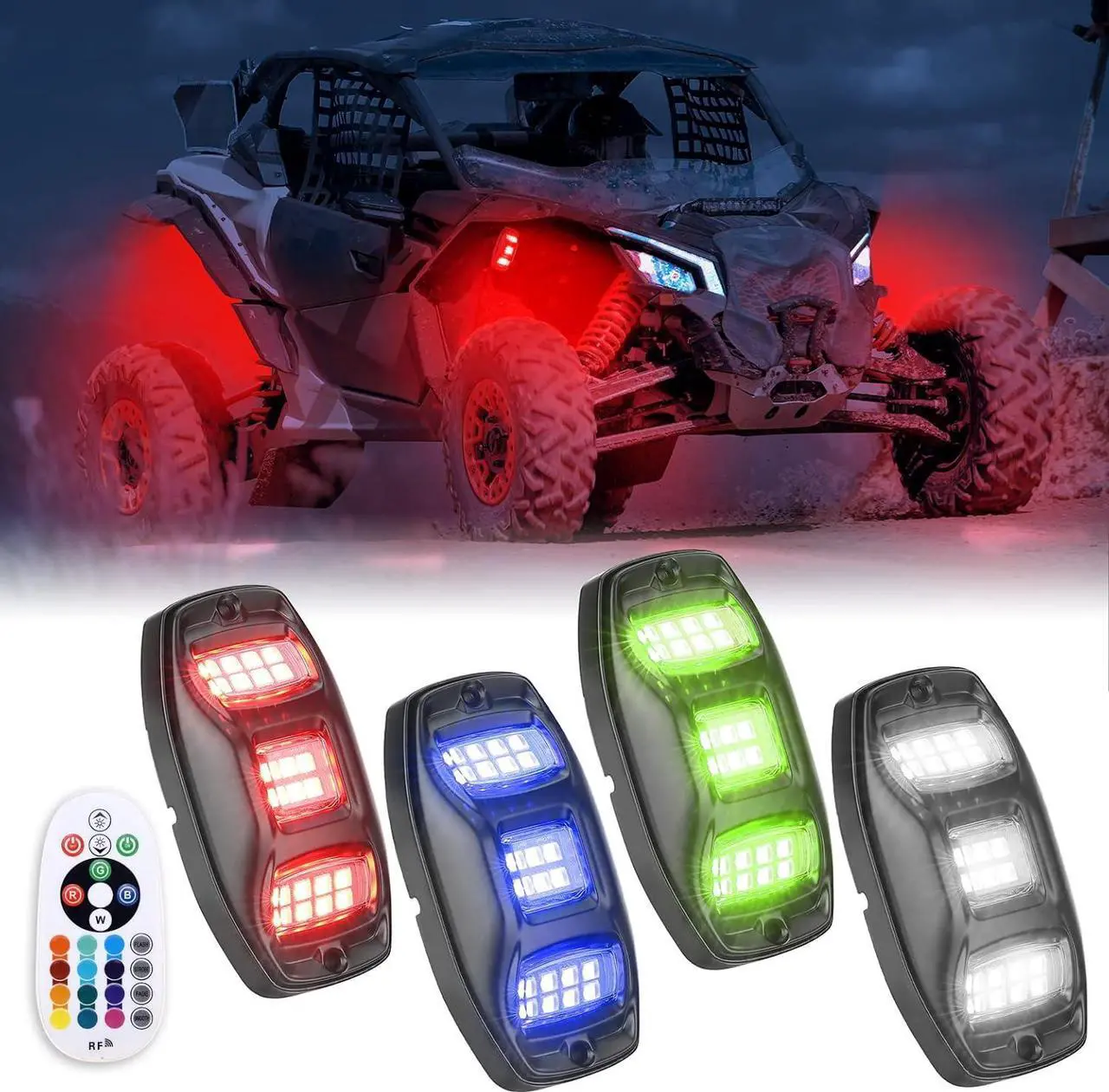 Main image of KEMIMOTO 4 Pods LED Rock Lights for Truck UTV, APP RF Dual Control Underglow Multicolor Neon Light Pod Universal Lighting for ATV, Car, Golf Cart, RV, Compatible with Can-Am X3 Polaris RZR Sportsman