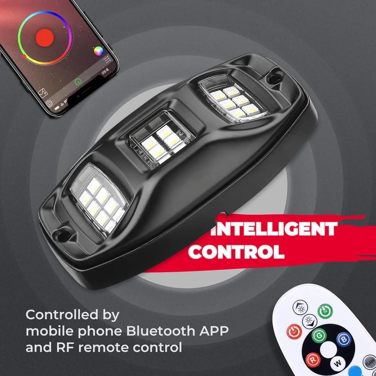 Alt view image 5 of 7 - KEMIMOTO 4 Pods LED Rock Lights for Truck UTV, APP RF Dual Control Underglow Multicolor Neon Light Pod Universal Lighting for ATV, Car, Golf Cart, RV, Compatible with Can-Am X3 Polaris RZR Sportsman