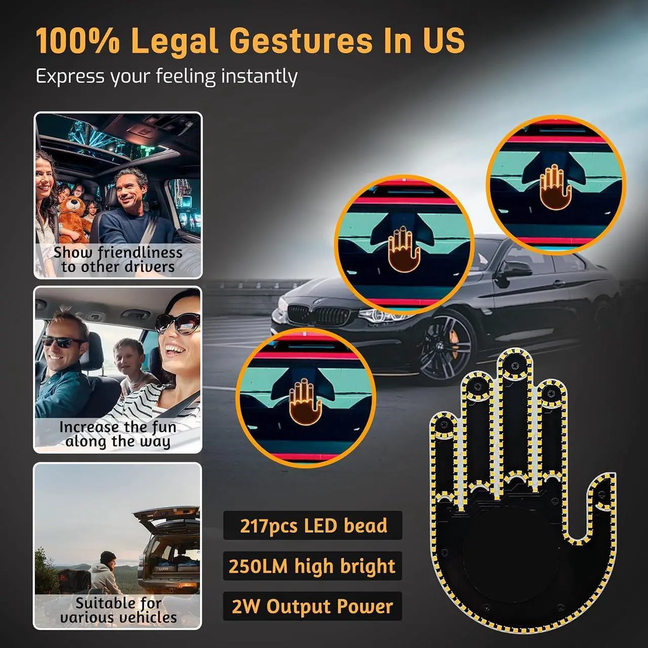 Alt view image 2 of 7 - LED Hand Gesture Light for Car - Road Rage Back Window Sign, 3 Modes Remote Control, Fun Auto Accessories, Father Day's Gift, 3PCS