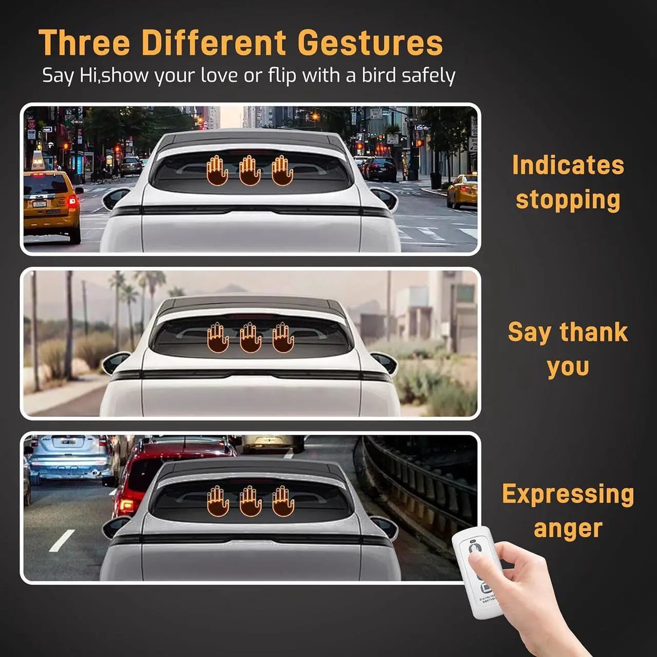 Alt view image 3 of 7 - LED Hand Gesture Light for Car - Road Rage Back Window Sign, 3 Modes Remote Control, Fun Auto Accessories, Father Day's Gift, 3PCS