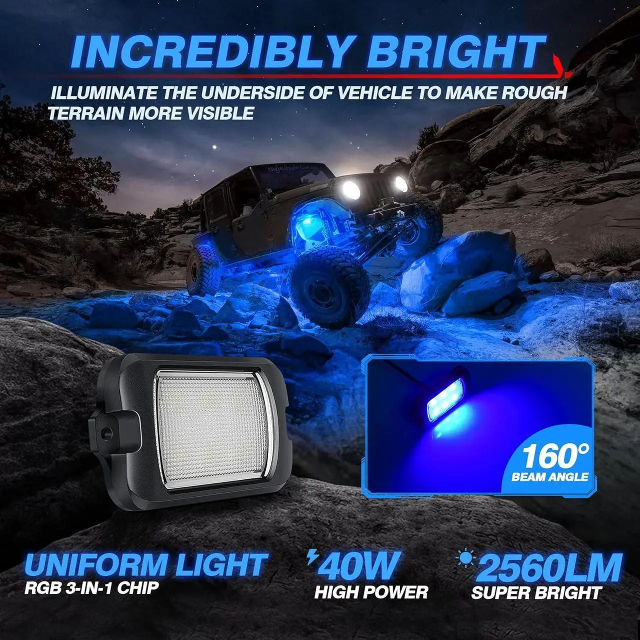 Alt view image 2 of 7 - MICTUNING X2 RGB LED Rock Lights Kit - 8 Pods Neon Light Lighting Kit IP68 Waterproof with Bluetooth App & Remote Control, Music Sync Strobe Effects for Trucks Boat RV ATVs UTVs