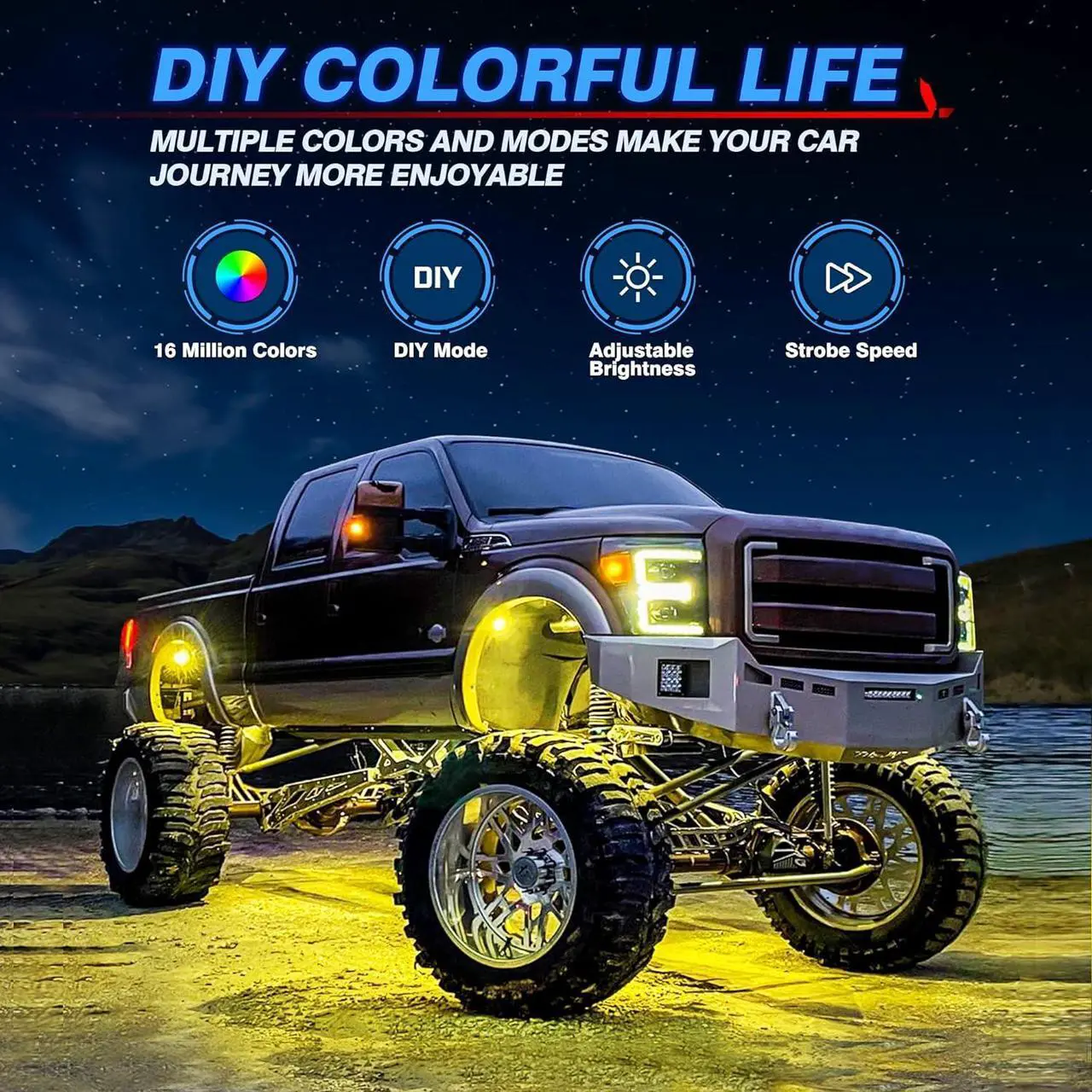 Alt view image 3 of 7 - MICTUNING X2 RGB LED Rock Lights Kit - 8 Pods Neon Light Lighting Kit IP68 Waterproof with Bluetooth App & Remote Control, Music Sync Strobe Effects for Trucks Boat RV ATVs UTVs