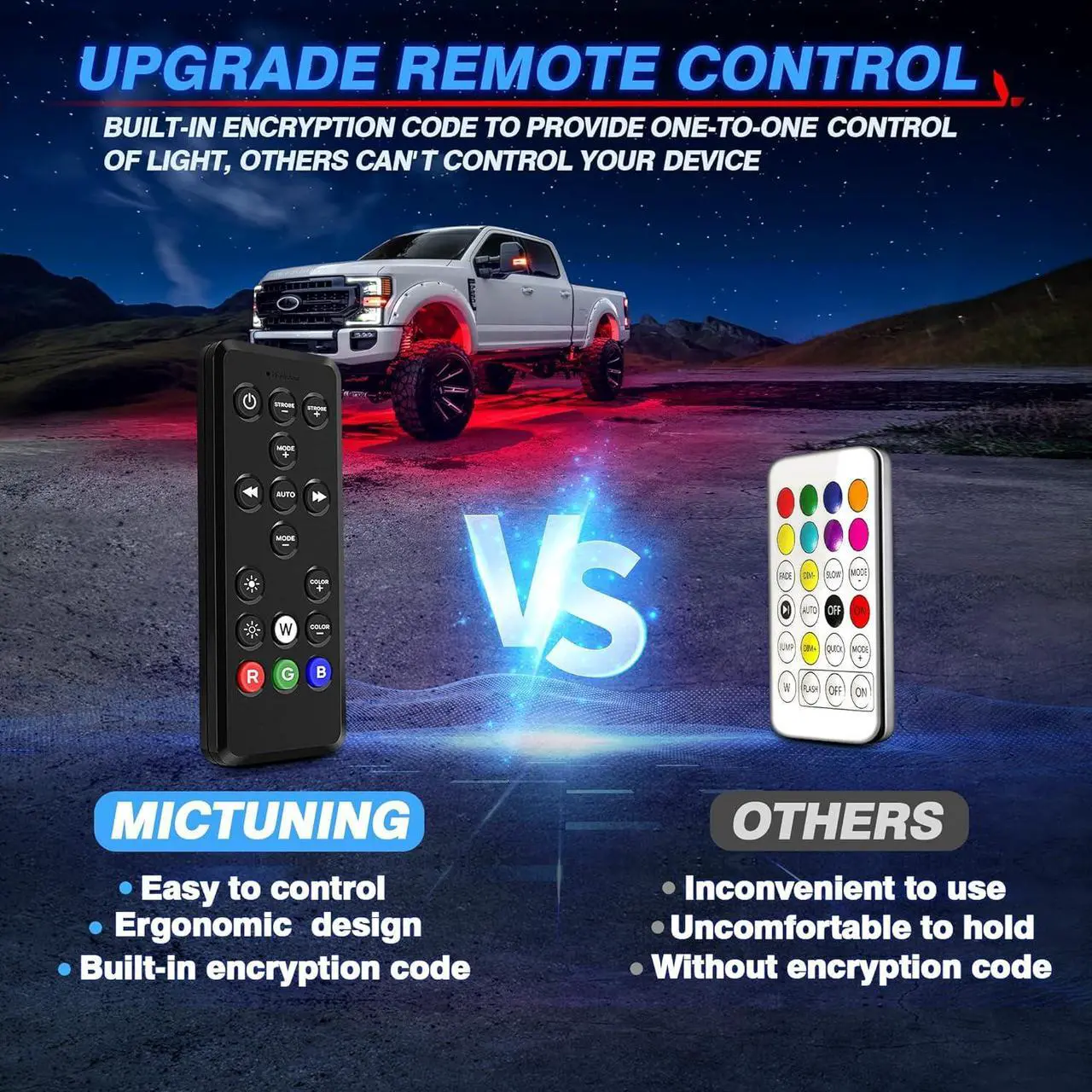 Alt view image 5 of 7 - MICTUNING X2 RGB LED Rock Lights Kit - 8 Pods Neon Light Lighting Kit IP68 Waterproof with Bluetooth App & Remote Control, Music Sync Strobe Effects for Trucks Boat RV ATVs UTVs