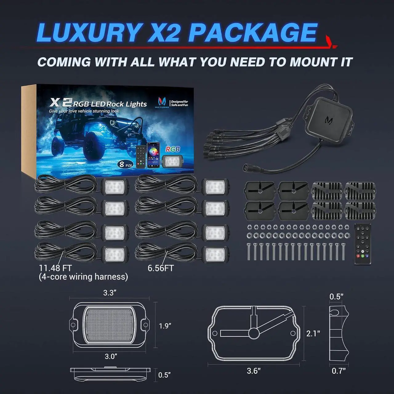 Alt view image 7 of 7 - MICTUNING X2 RGB LED Rock Lights Kit - 8 Pods Neon Light Lighting Kit IP68 Waterproof with Bluetooth App & Remote Control, Music Sync Strobe Effects for Trucks Boat RV ATVs UTVs