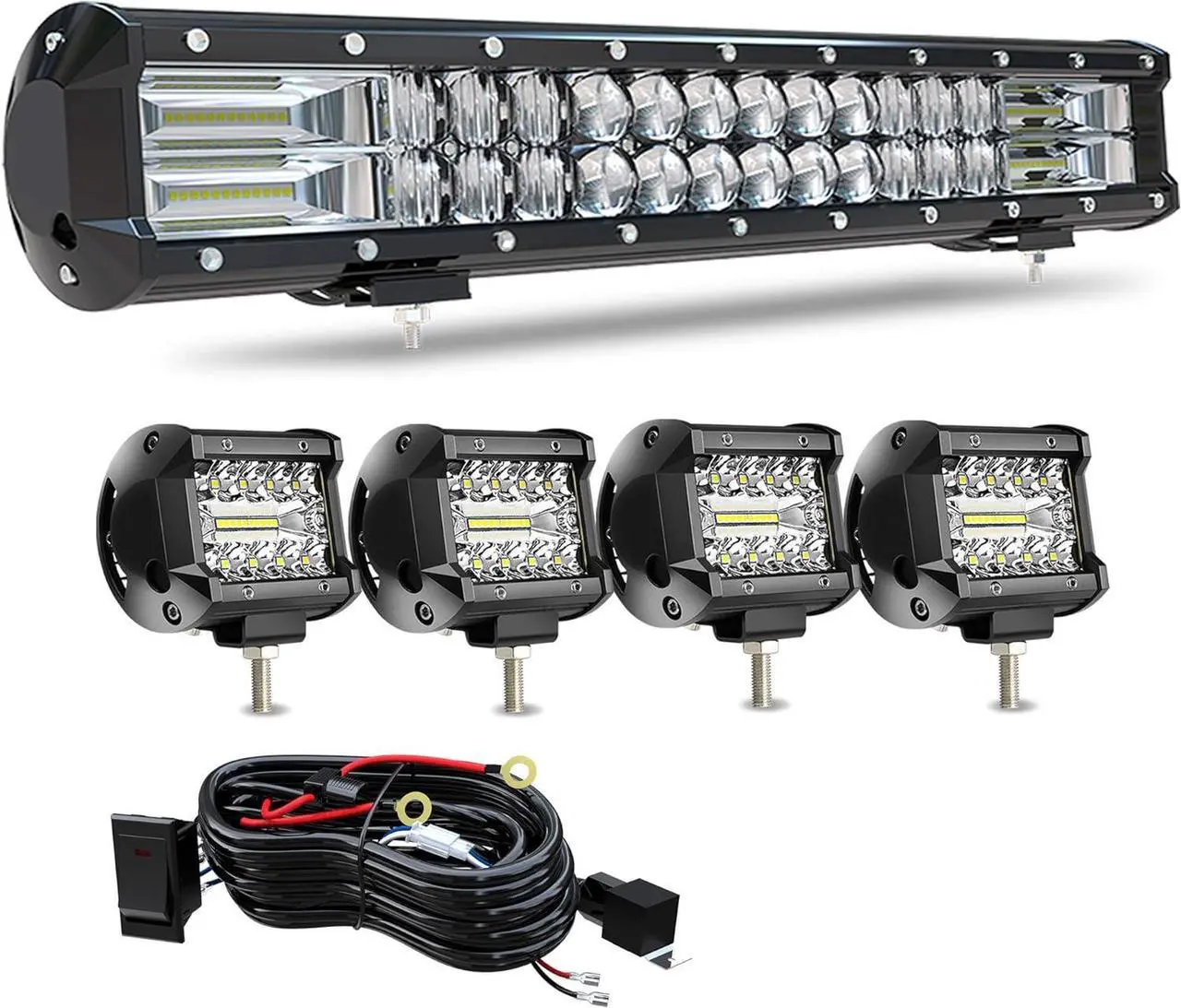 Main image of DOT Approved 20Inch Spot Flood Combo Led Light Bar Reverse+4pcs 4Inch Light Cube pods for Front Rear Bumper Brush Bull Grille Trails Truck for Can am Maverick Polaris Kubota Honda JK TJ JL XJ Truck