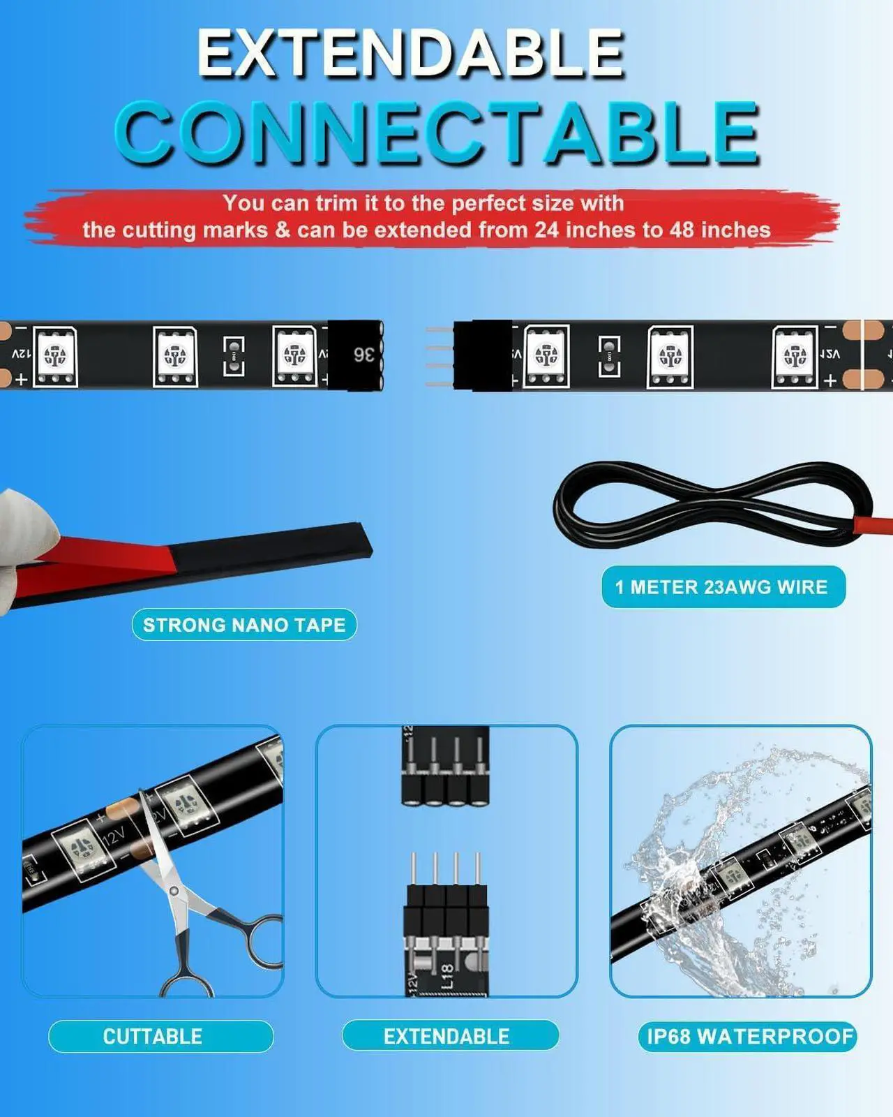 Alt view image 6 of 6 - 12V Led Light Strip Connectable 24Inch White Led Strip Lights for Car Golf Cart Motorcycle Boat Truck Cabinet Waterproof Led Light Strip,4Pack