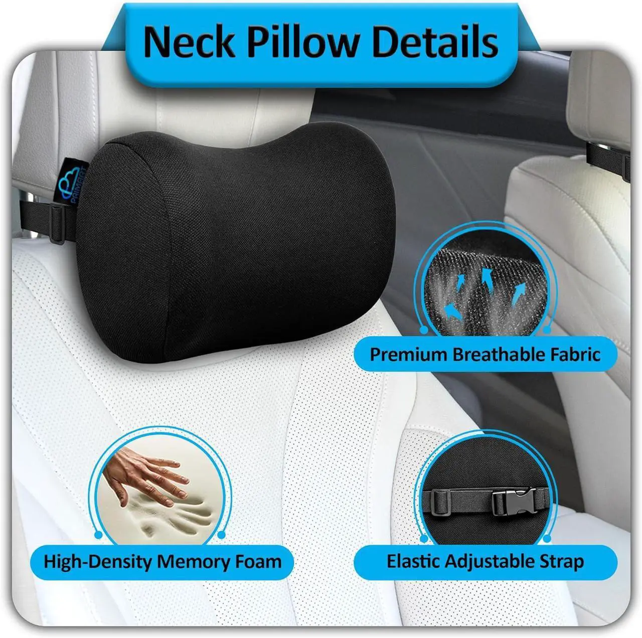 Alt view image 4 of 7 - 2 Pack Car Neck Pillow, 100% Memory Foam Car Headrest Pillow for Neck Support, Breathable Removable Cover & Adjustable Strap, Ergonomic Design for Driving Comfort, Neck Pain Relief, Travel