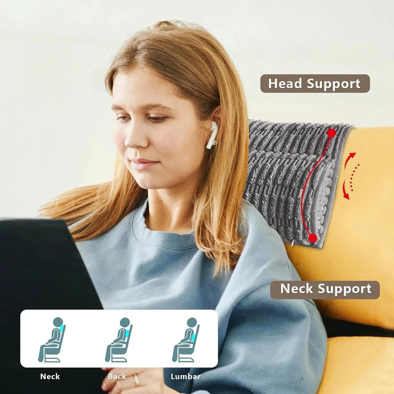 Alt view image 6 of 7 - Headrest and Support Pillow,Recliner Pillow for Neck, Head, or Foot for Office or Massage Chairs, Neck Pain Relief and Cervical Support. Nonslip, Zipped Cover. (Gray, 5.5" Wx13 Lx3 H)