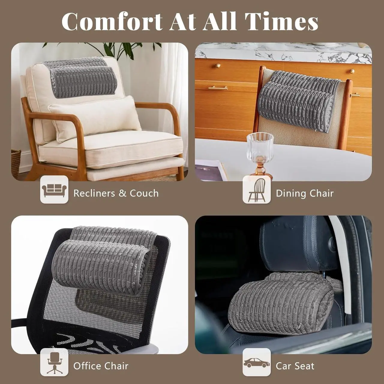 Alt view image 7 of 7 - Headrest and Support Pillow,Recliner Pillow for Neck, Head, or Foot for Office or Massage Chairs, Neck Pain Relief and Cervical Support. Nonslip, Zipped Cover. (Gray, 5.5" Wx13 Lx3 H)