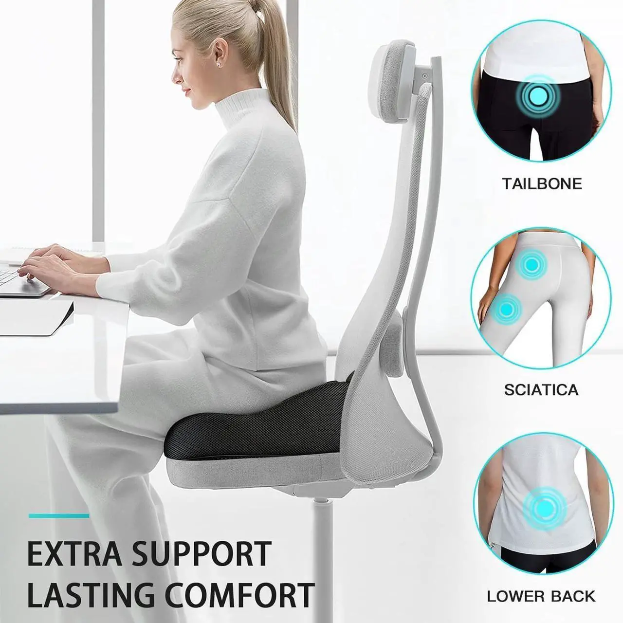 Alt view image 3 of 6 - Benazcap X Large Memory Seat Cushion for Office Chair Pressure Relief Sciatica & Tailbone Pain Relief Memory Foam Firm Coccyx Pad for Long Sitting, for Office Chair, Gaming Chair and Car Seat Upgrade