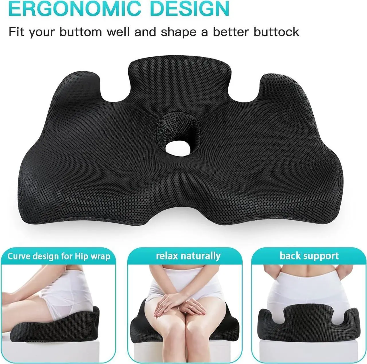Alt view image 5 of 6 - Benazcap X Large Memory Seat Cushion for Office Chair Pressure Relief Sciatica & Tailbone Pain Relief Memory Foam Firm Coccyx Pad for Long Sitting, for Office Chair, Gaming Chair and Car Seat Upgrade
