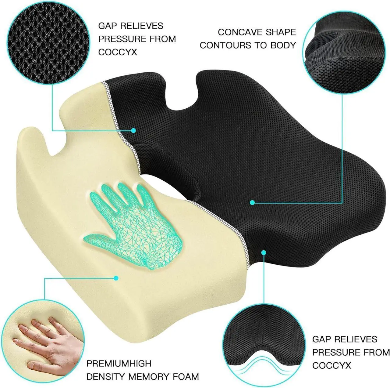 Alt view image 2 of 6 - Benazcap X Large Memory Seat Cushion for Office Chair Pressure Relief Sciatica & Tailbone Pain Relief Memory Foam Firm Coccyx Pad for Long Sitting, for Office Chair, Gaming Chair and Car Seat Upgrade