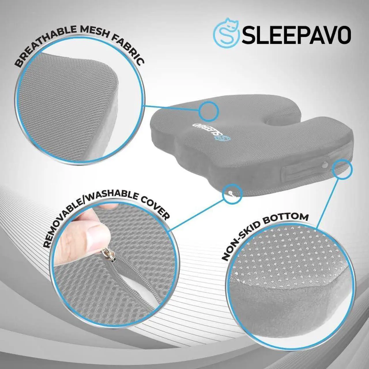 Alt view image 4 of 6 - Sleepavo Gray Memory Foam Seat Cushion for Office Chair - Cooling Gel Pillow for Sciatica Coccyx Back Tailbone and Lower Back Pain Relief - Chair Pad for Lumbar Support in Office Desk, Car, Airplane