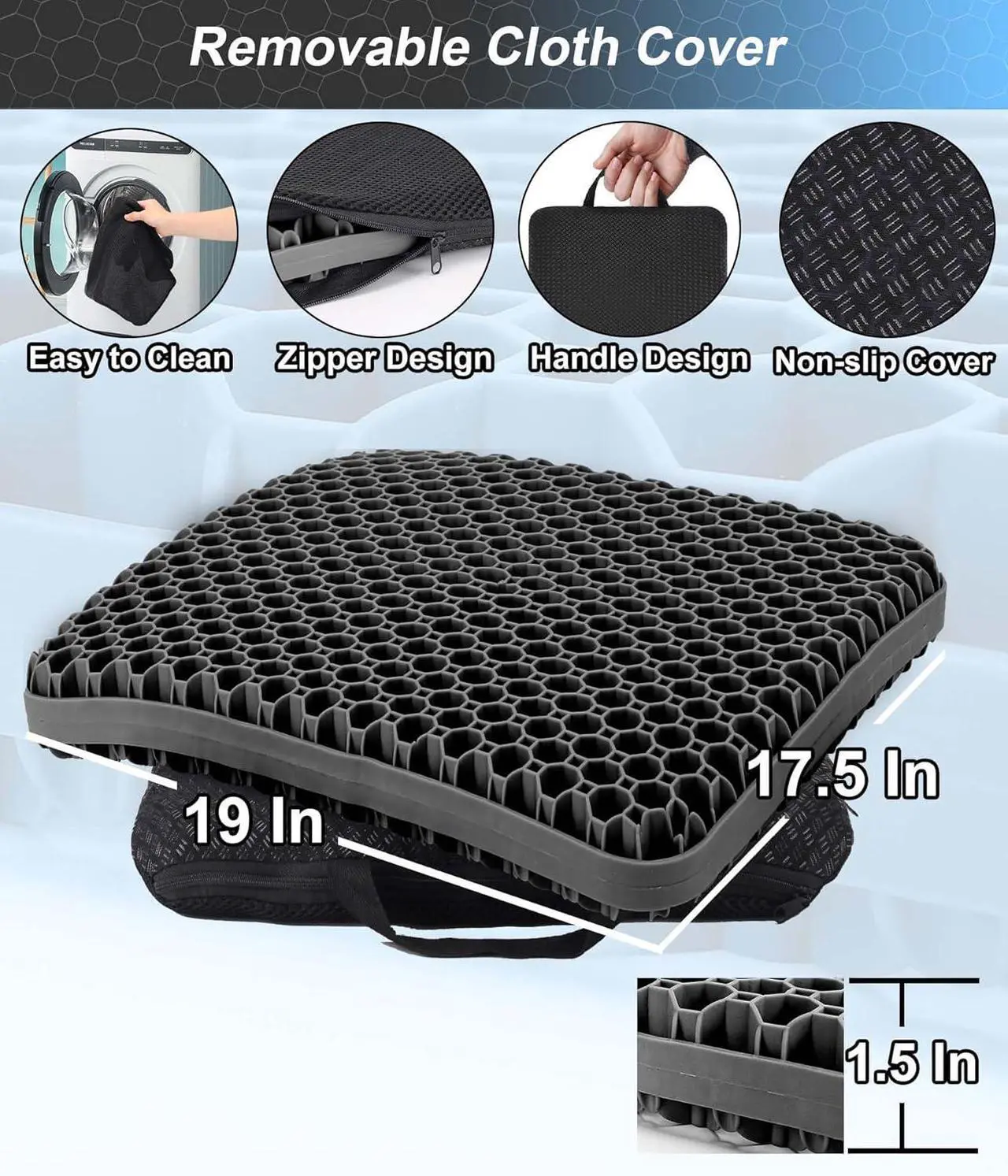 Alt view image 2 of 6 - Seat Cushion, Gel Seat Cushion for Long Sitting Back, Sciatica, Tailbone Pain Relief Pad, 19in Seat Pad for Car, Office Chair, Wheelchair, Soft Support for Long Trips