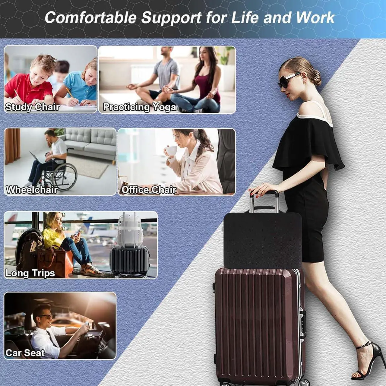 Alt view image 5 of 6 - Seat Cushion, Gel Seat Cushion for Long Sitting Back, Sciatica, Tailbone Pain Relief Pad, 19in Seat Pad for Car, Office Chair, Wheelchair, Soft Support for Long Trips