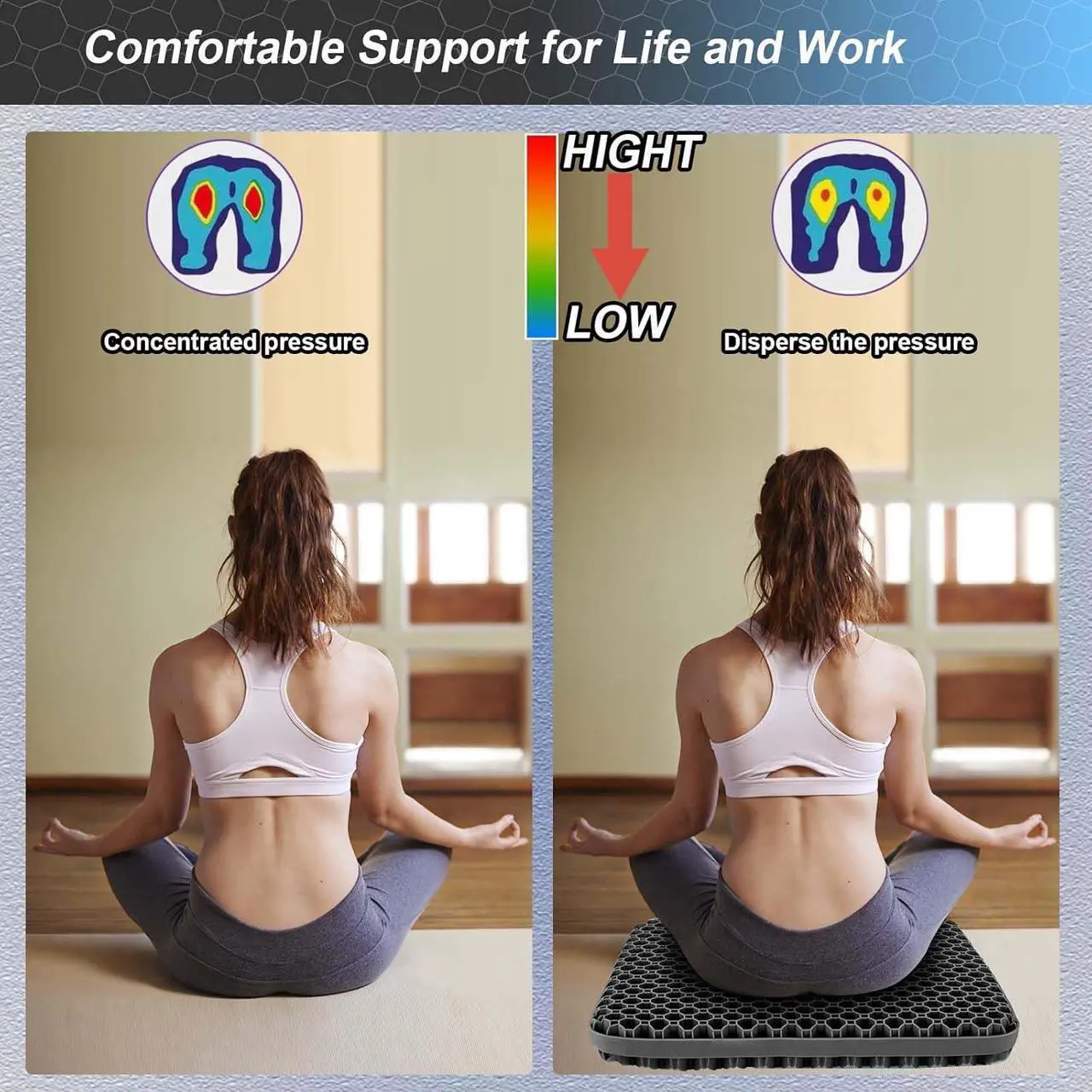 Alt view image 6 of 6 - Seat Cushion, Gel Seat Cushion for Long Sitting Back, Sciatica, Tailbone Pain Relief Pad, 19in Seat Pad for Car, Office Chair, Wheelchair, Soft Support for Long Trips