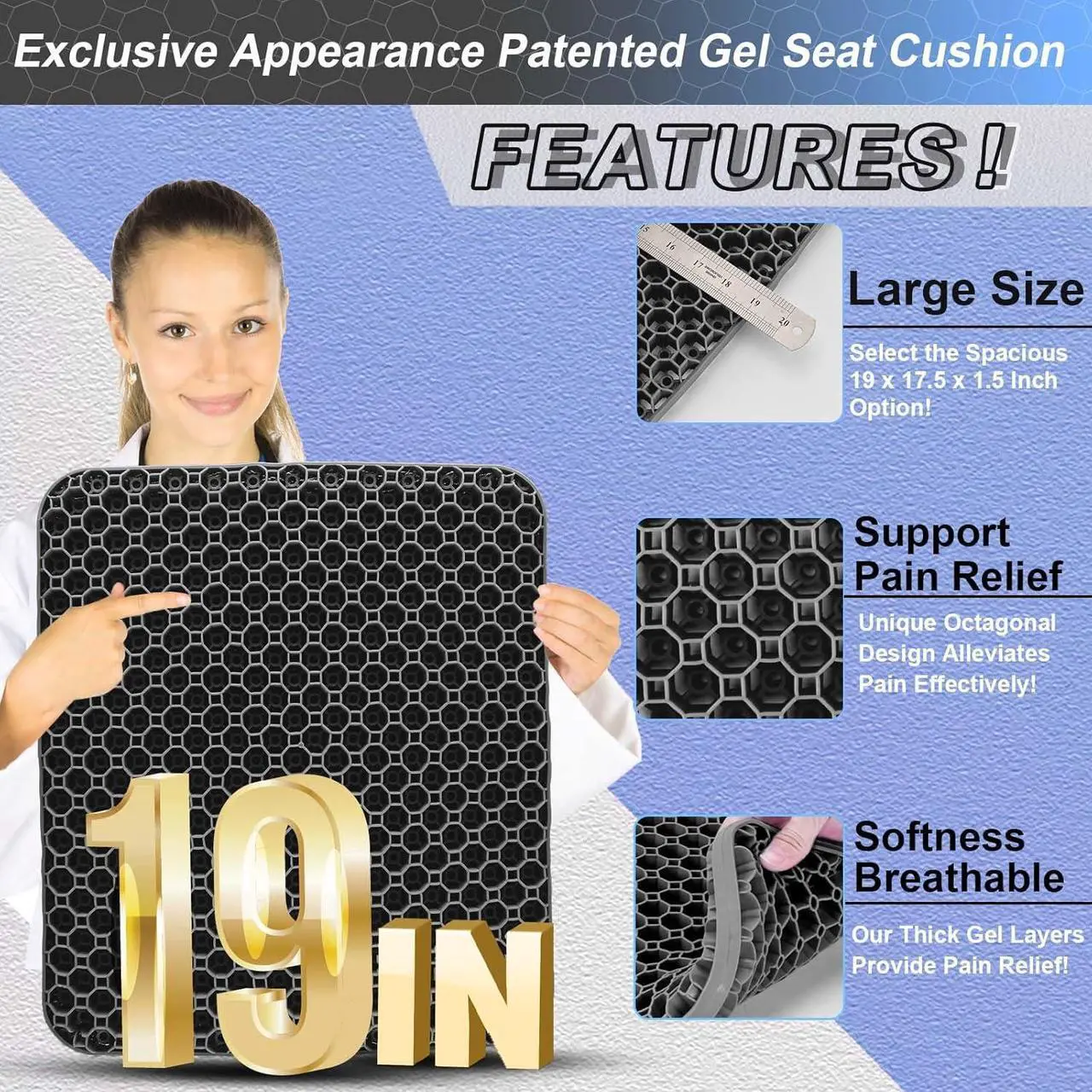 Alt view image 3 of 6 - Seat Cushion, Gel Seat Cushion for Long Sitting Back, Sciatica, Tailbone Pain Relief Pad, 19in Seat Pad for Car, Office Chair, Wheelchair, Soft Support for Long Trips