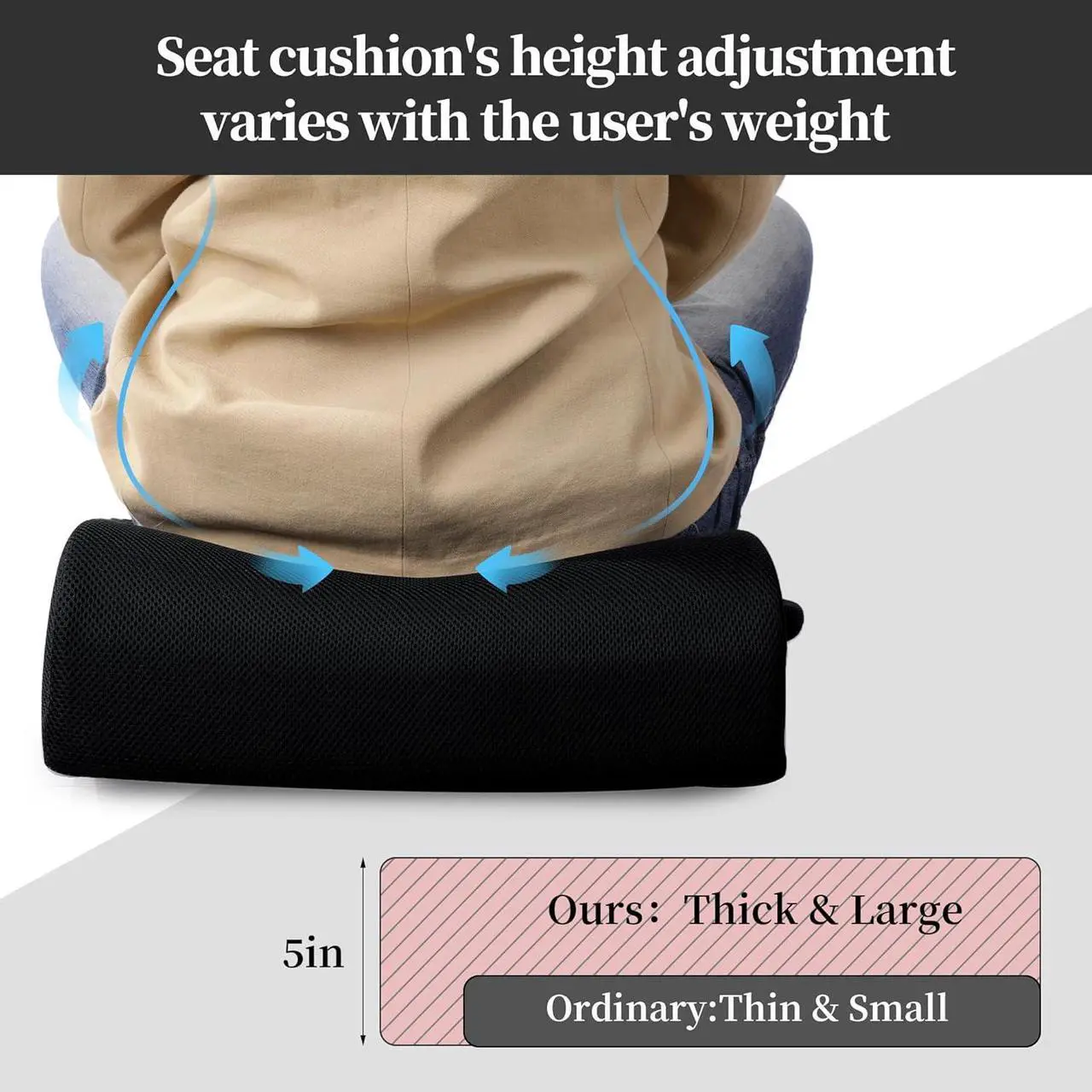 Alt view image 3 of 7 - MABOZOO Extra Thick Chair Cushions,Office Chair Booster Seat Cushion to Raise Seat Height for Pain Relief,18 x 16 x 5 inch Non Slip Memory Foam Thick Cushion with Carry HandleBlack