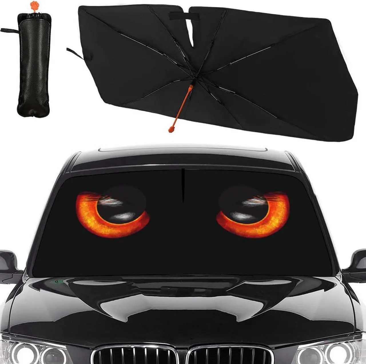 Main image of Car Windshield Sun Shade Umbrella, Black Eyes Windshield Sunshades with 360° Rotation Bendable Handle, Foldable Automotive Windshield Shades, Full Cover Sun Shade for Most Vehicles
