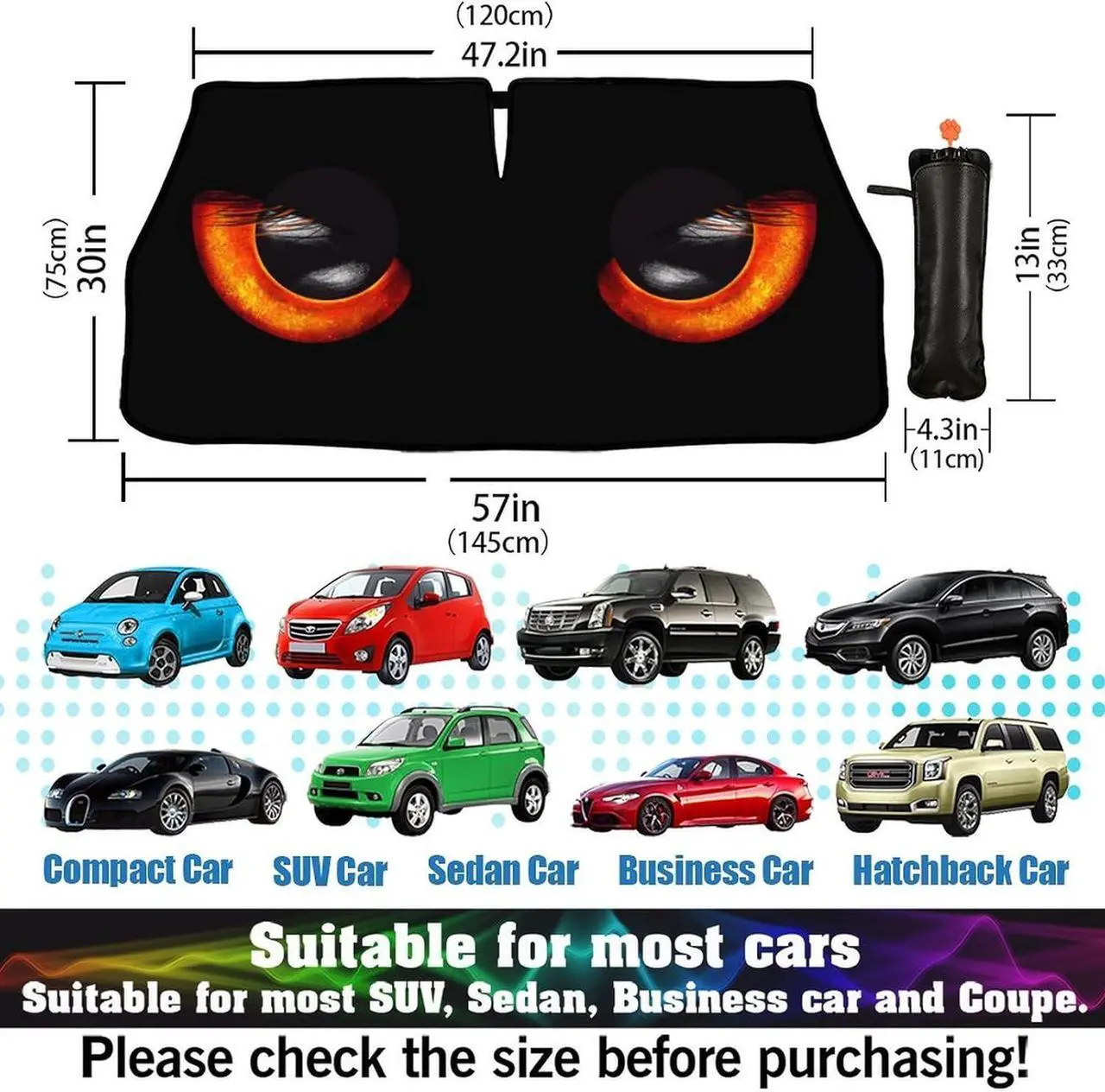 Alt view image 4 of 7 - Car Windshield Sun Shade Umbrella, Black Eyes Windshield Sunshades with 360° Rotation Bendable Handle, Foldable Automotive Windshield Shades, Full Cover Sun Shade for Most Vehicles