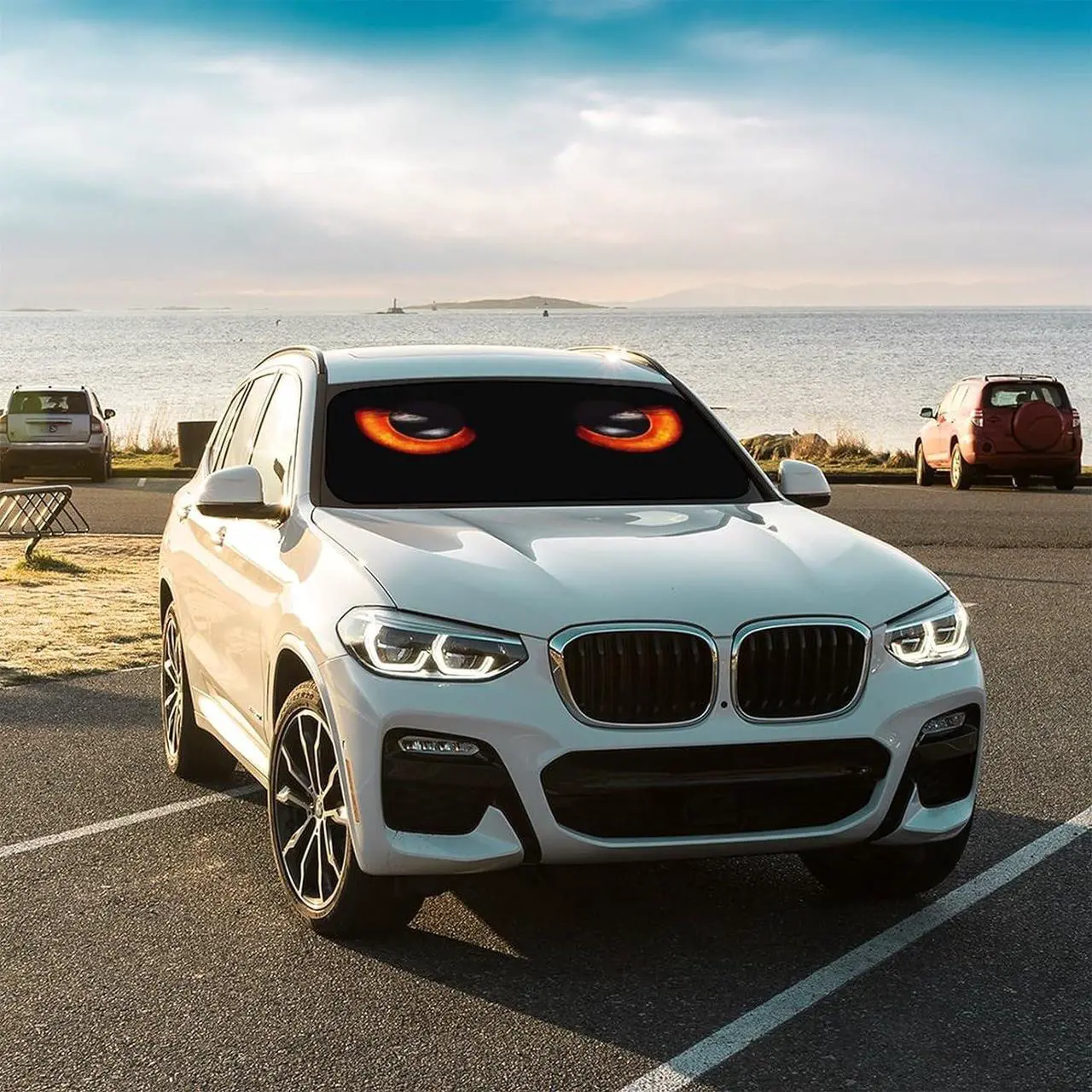 Alt view image 6 of 7 - Car Windshield Sun Shade Umbrella, Black Eyes Windshield Sunshades with 360° Rotation Bendable Handle, Foldable Automotive Windshield Shades, Full Cover Sun Shade for Most Vehicles