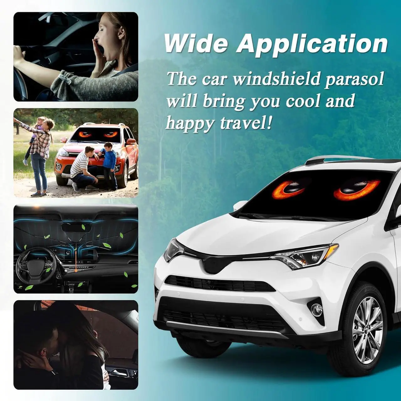 Alt view image 7 of 7 - Car Windshield Sun Shade Umbrella, Black Eyes Windshield Sunshades with 360° Rotation Bendable Handle, Foldable Automotive Windshield Shades, Full Cover Sun Shade for Most Vehicles