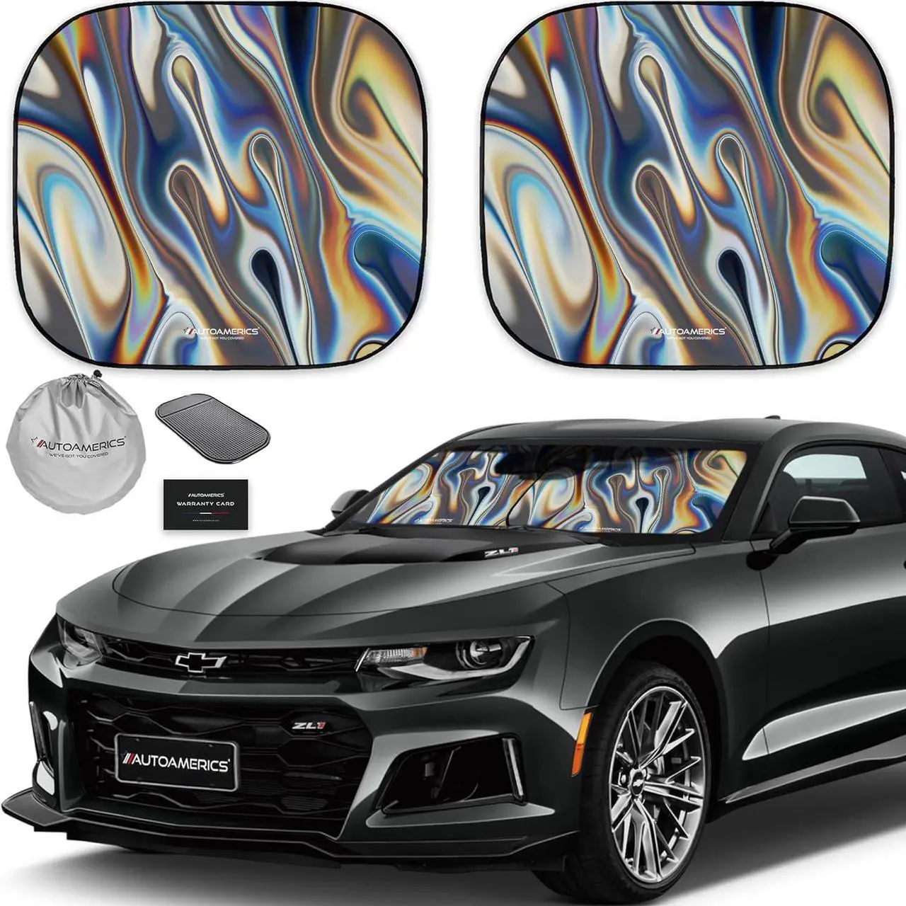 Main image of Autoamerics 2-Piece Windshield Sun Shade - Chrome Liquid Foldable Car Front Window Sunshade for Most Cars SUV Truck Heat Blocker Visor Protector Blocks Max UV Rays and Keeps Your Vehicle Cool - Small