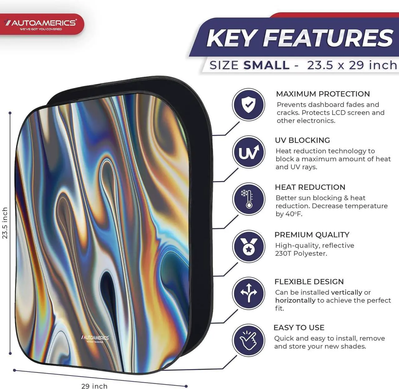 Alt view image 2 of 7 - Autoamerics 2-Piece Windshield Sun Shade - Chrome Liquid Foldable Car Front Window Sunshade for Most Cars SUV Truck Heat Blocker Visor Protector Blocks Max UV Rays and Keeps Your Vehicle Cool - Small
