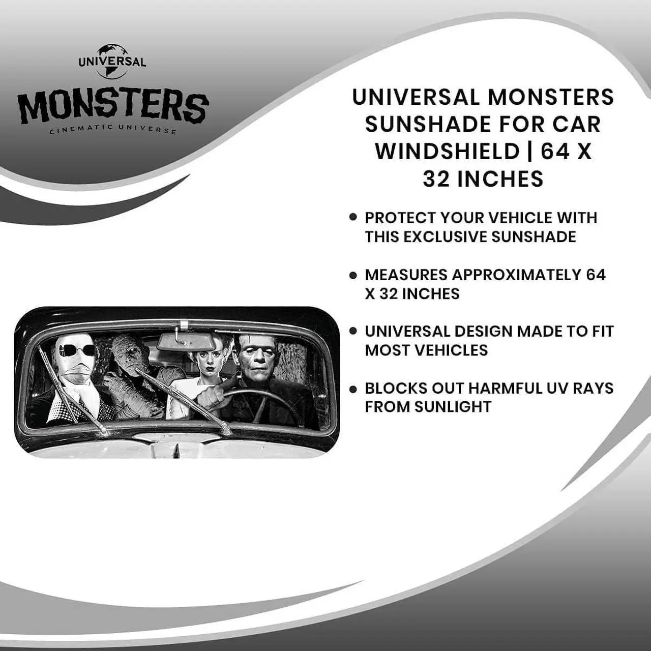 Alt view image 6 of 6 - Universal Monsters Classic Horror Movie Sunshade for Windshield | Foldable Sun Visor Protector for Cars, Trucks, SUVs | Blocks UV Rays and Sun Glare | 64 x 32 Inches
