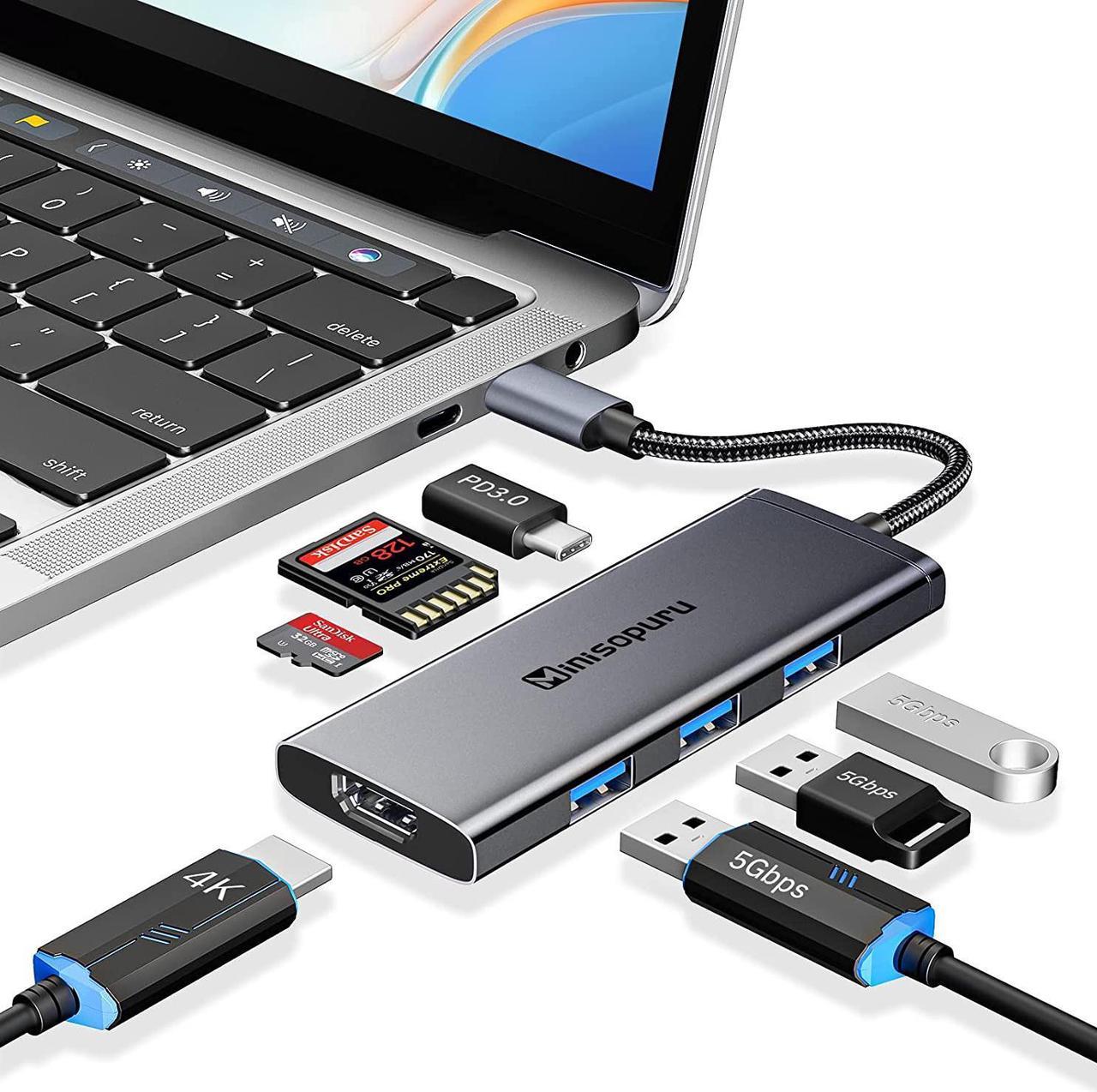 Minisopuru USB C Dock,7 in 1 USB C Hub Multiport Adapter with 4K HDMI,3X USB 3.0,100W Power Delivery,SD/TF Card Reader,USB C Adapter for MacBook Pro,Air,iPad Pro,Dell,XPS,HP,Lenovo and More