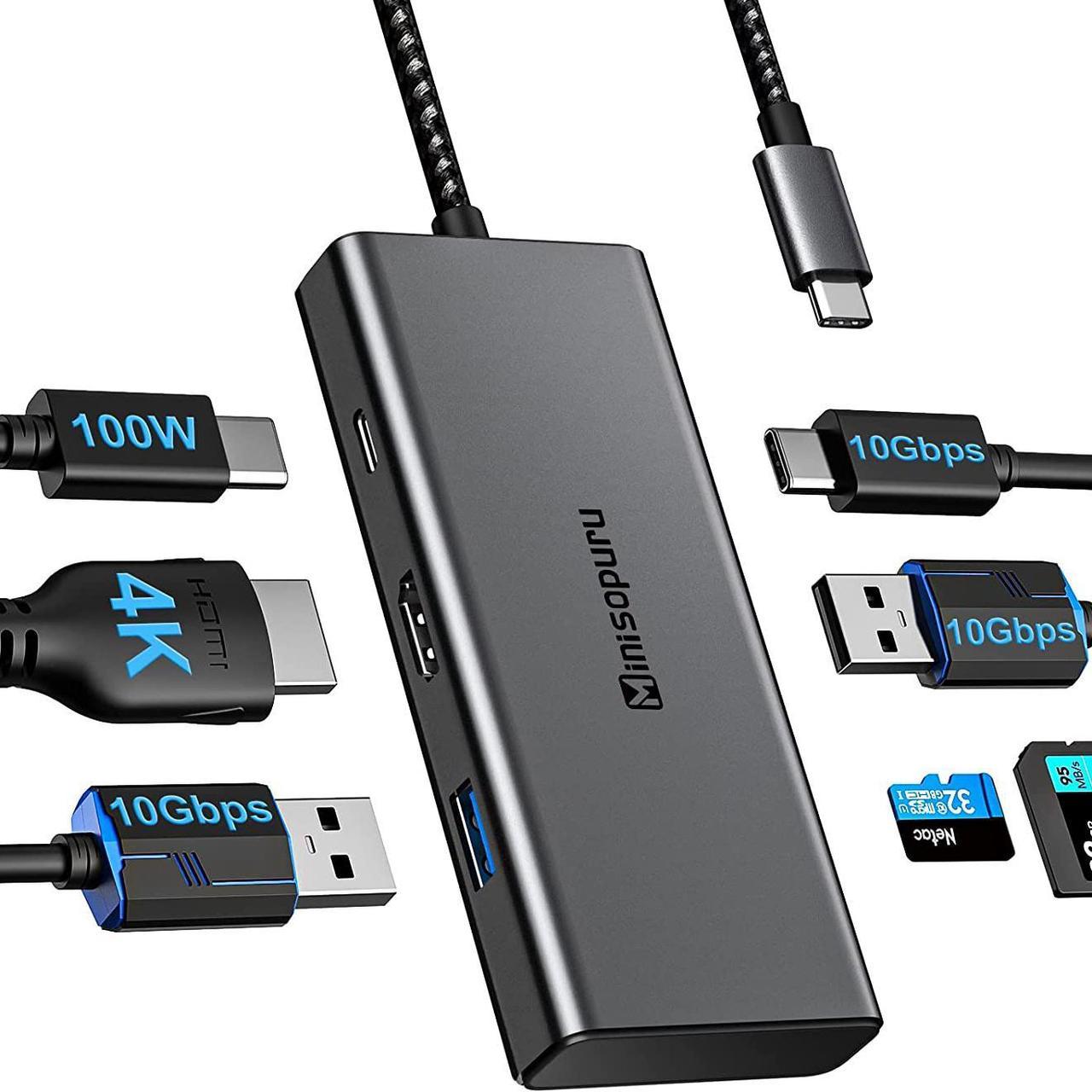 Minisopuru USB C Hub, 7 in 1 USB C Dock with 4K HDMI,10Gbps USB-C Data, 2 USB A 3.2 Gen2 (10Gbps),100W Charge, SD&TF, USB C Dongle USB C Adapter for MacBook Pro/Air, Surface Pro,iPad Pro and More