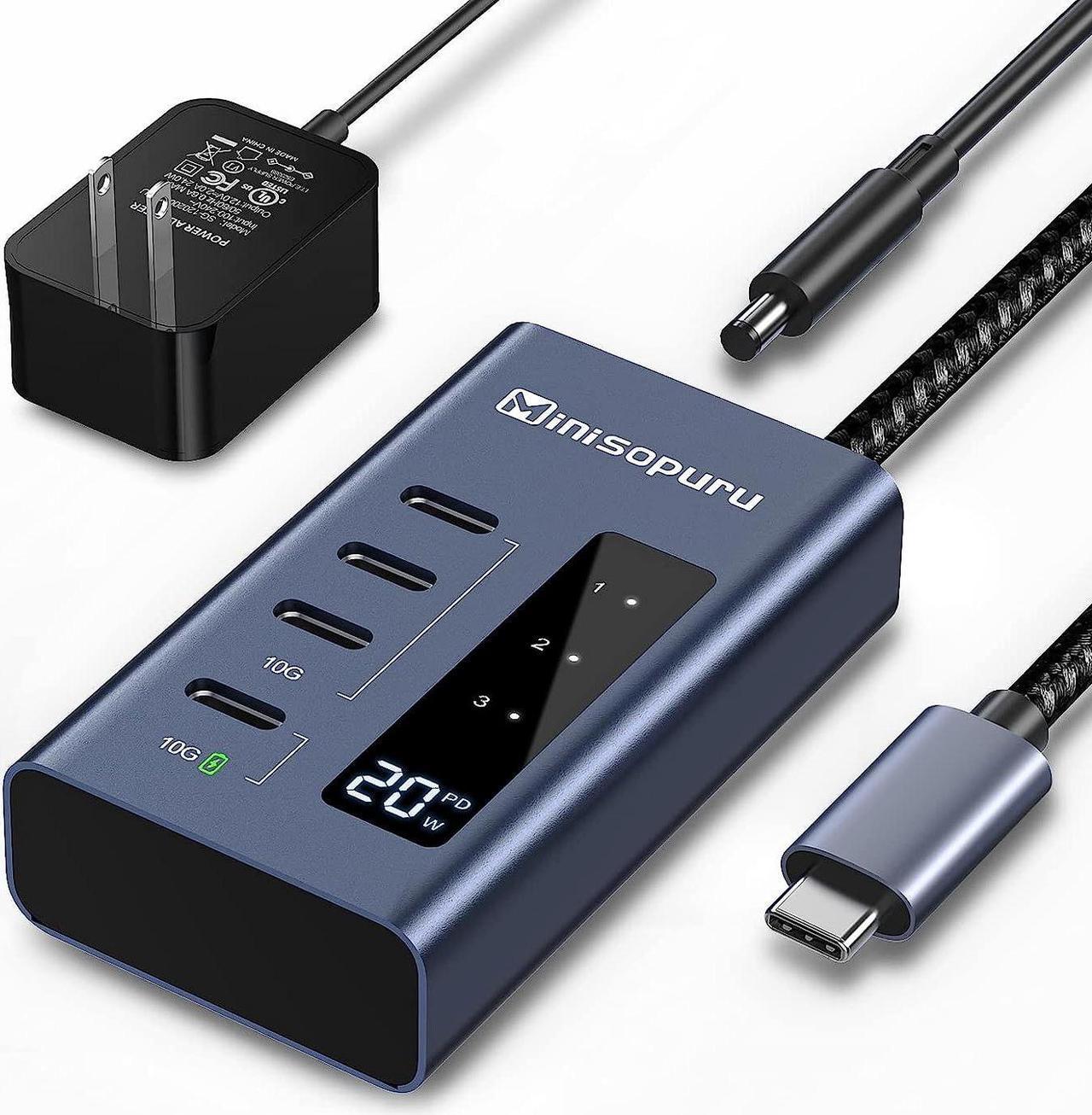 Minisopuru Powered USB C Hub, 10Gbps USB-C Hub 4 Ports Support Data & Smart Charging(Not Support Video), USB C to USB C Hub Multiport Adapter for MacBook Pro/Air, iMac, iPad, Phone, Chromebook, etc.