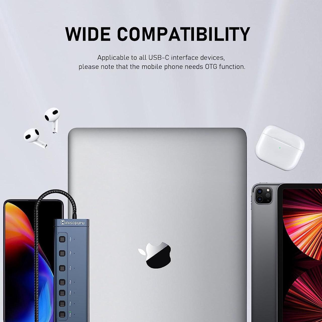 Alt view image 7 of 7 - Minisopuru Powered USB Hub,7 IN1 Powered USB C Hub with 3 USBA 3.0 Data Ports and 4 USB C Data, Smart Charging for iPhone/iPad, USB Splitter with Individual On/Off Switches and 12V/3A Power Adapter