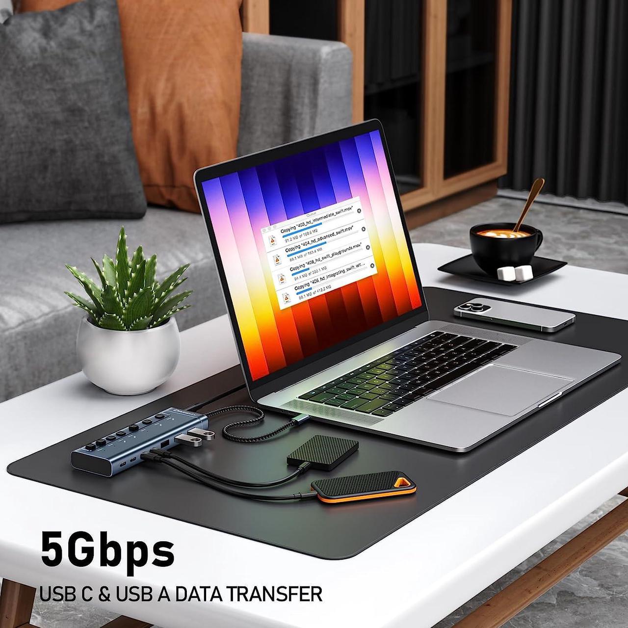 Alt view image 6 of 7 - Minisopuru Powered USB Hub,7 IN1 Powered USB C Hub with 3 USBA 3.0 Data Ports and 4 USB C Data, Smart Charging for iPhone/iPad, USB Splitter with Individual On/Off Switches and 12V/3A Power Adapter