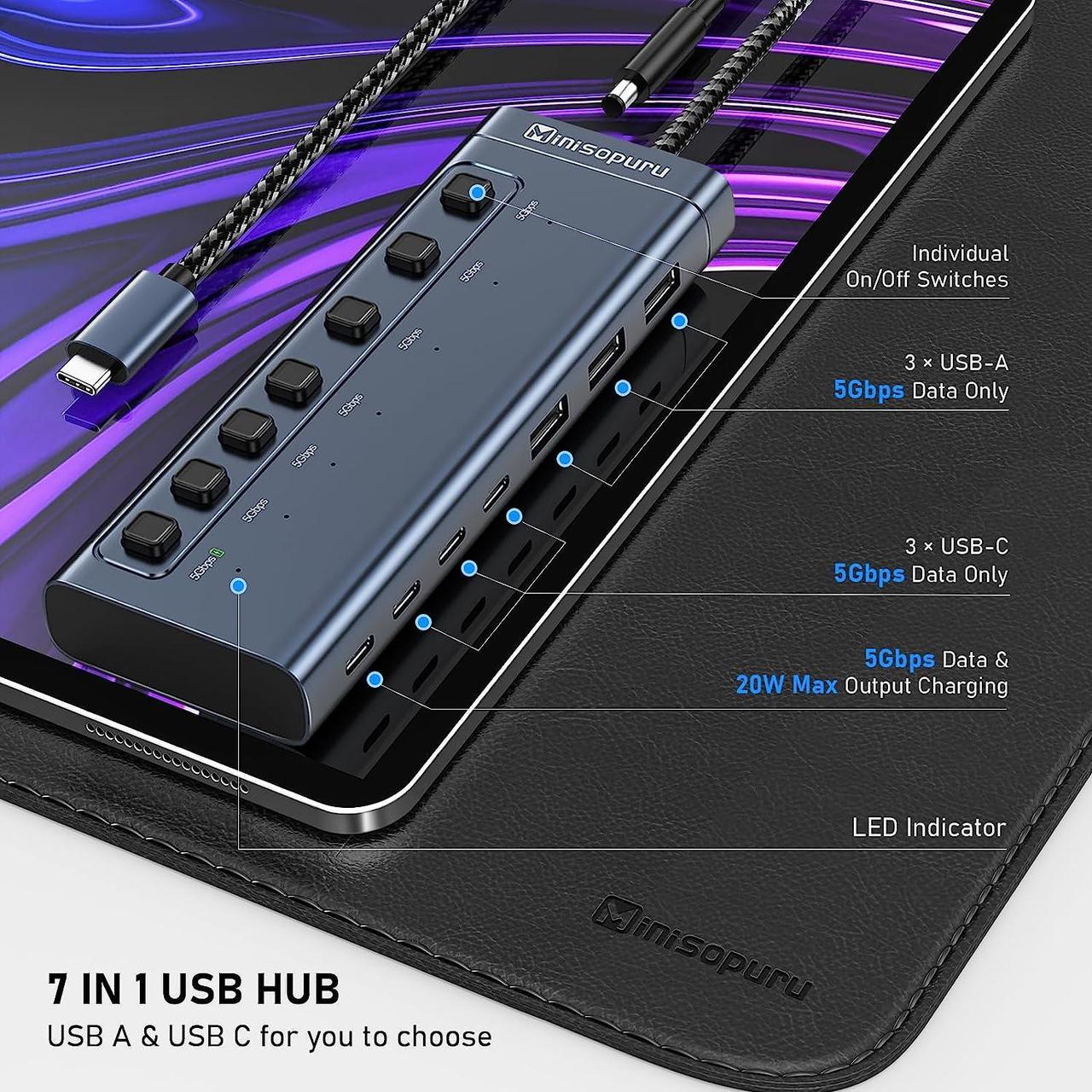 Alt view image 2 of 7 - Minisopuru Powered USB Hub,7 IN1 Powered USB C Hub with 3 USBA 3.0 Data Ports and 4 USB C Data, Smart Charging for iPhone/iPad, USB Splitter with Individual On/Off Switches and 12V/3A Power Adapter