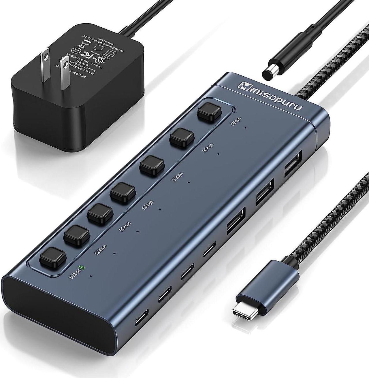 Main image of Minisopuru Powered USB Hub,7 IN1 Powered USB C Hub with 3 USBA 3.0 Data Ports and 4 USB C Data, Smart Charging for iPhone/iPad, USB Splitter with Individual On/Off Switches and 12V/3A Power Adapter
