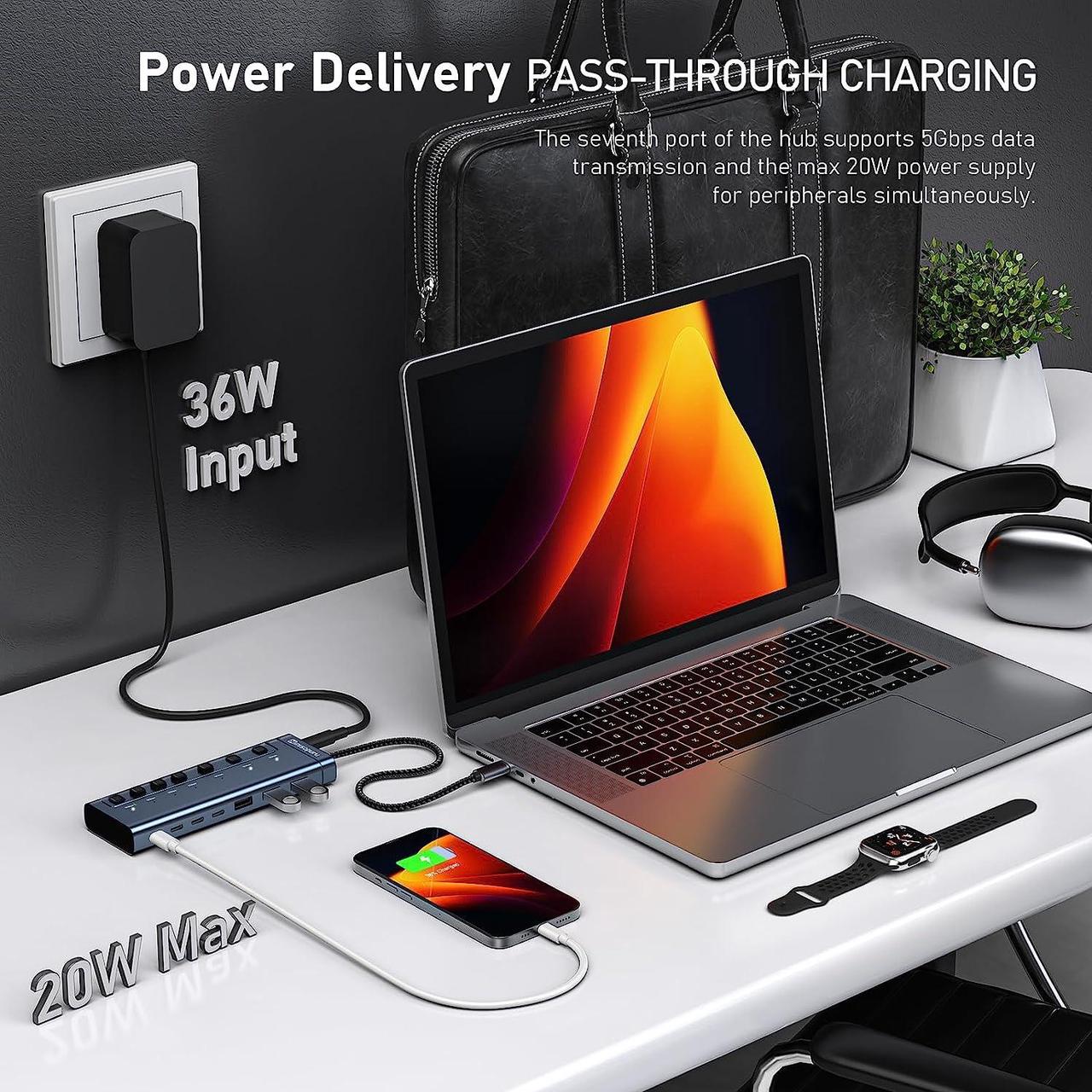 Alt view image 3 of 7 - Minisopuru Powered USB Hub,7 IN1 Powered USB C Hub with 3 USBA 3.0 Data Ports and 4 USB C Data, Smart Charging for iPhone/iPad, USB Splitter with Individual On/Off Switches and 12V/3A Power Adapter