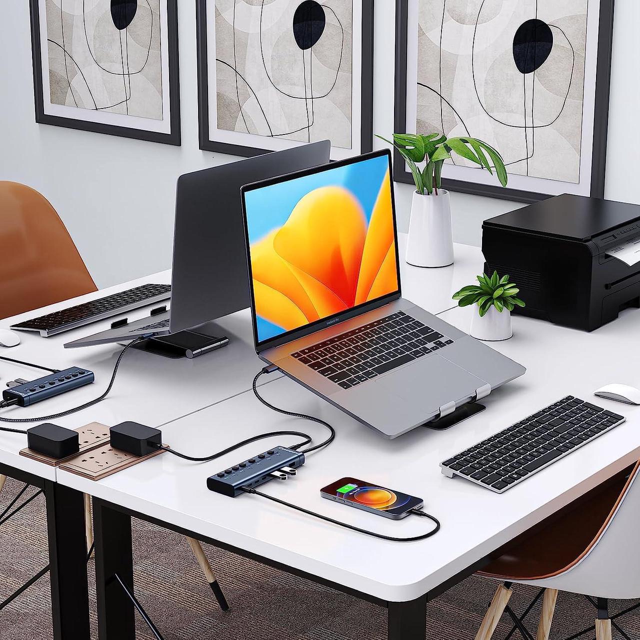 Alt view image 4 of 7 - Minisopuru Powered USB Hub,7 IN1 Powered USB C Hub with 3 USBA 3.0 Data Ports and 4 USB C Data, Smart Charging for iPhone/iPad, USB Splitter with Individual On/Off Switches and 12V/3A Power Adapter