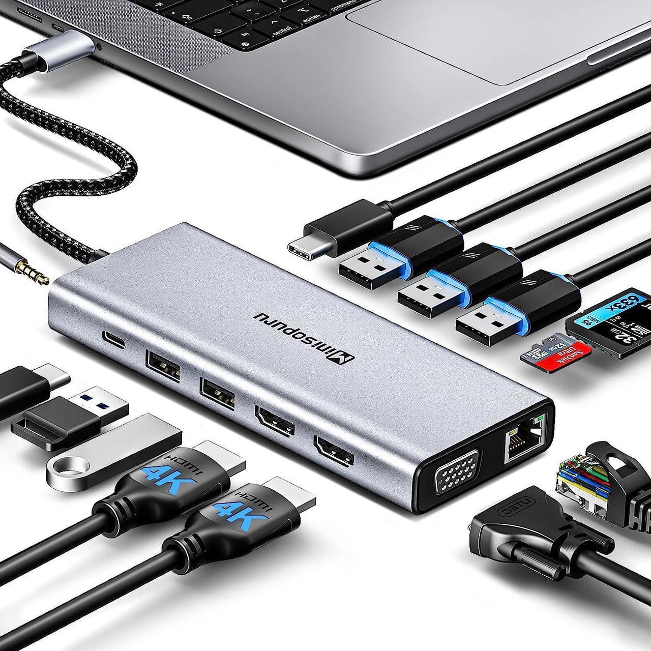 USB C Docking Station Dual Monitor, 13 In 1 Minisopuru USB C Hub Dual HDMI Adapter For 2 Monitors, DP, 5 USB A Ports, USB C Dock PD Charger, SD/TF, Mic/Audio, Ethernet, USB C Data, For Windows Laptops