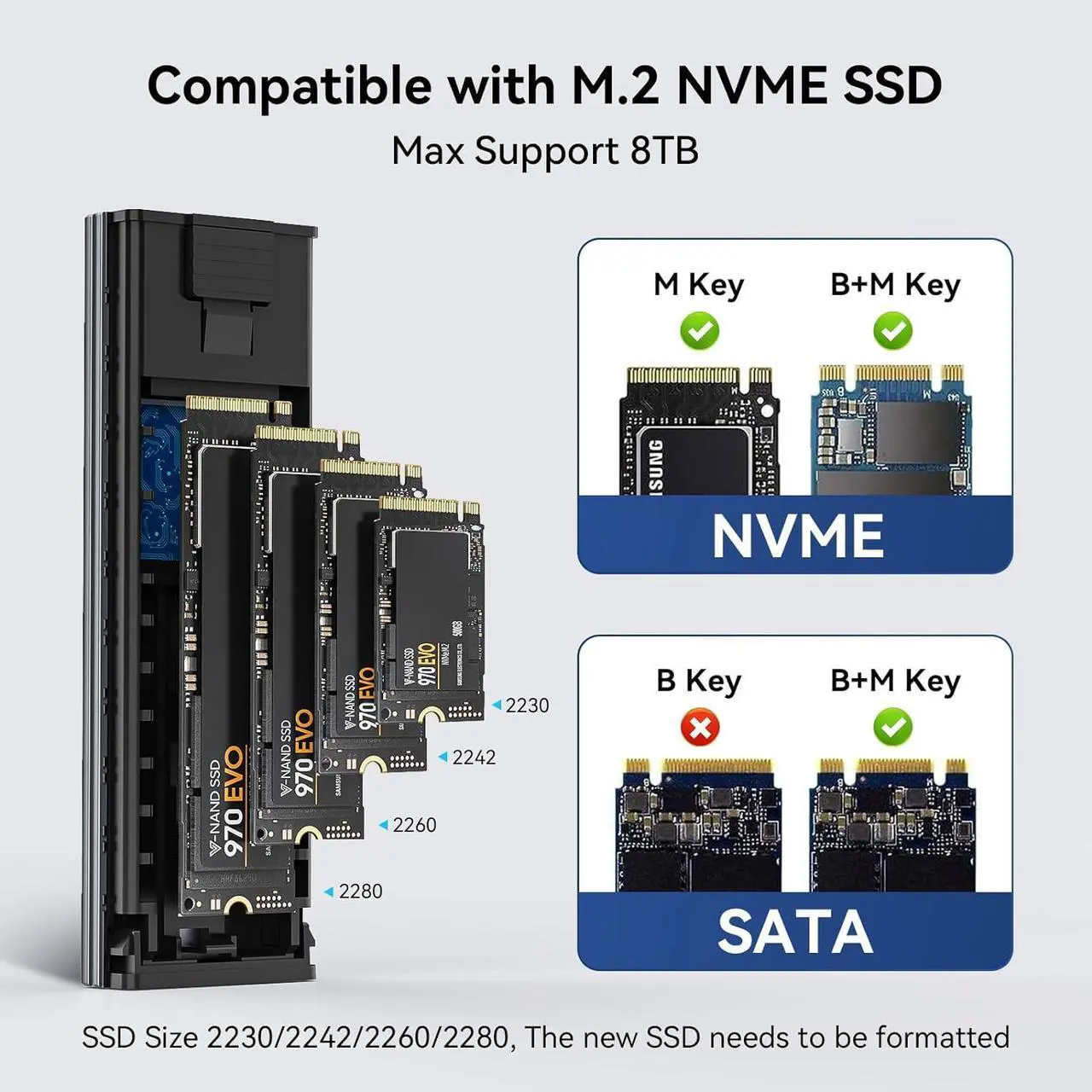 Alt view image 3 of 7 - Minisopuru 10Gbps M.2 NVMe SSD Enclosure, Max 8TB Tool-Free USB-C Aluminum NVMe Enclosure Compatible with M1 M2 Pro/Max Mac, M.2 Enclosure Support M/B+M Keys ( 2230/2242 /2260/2280).