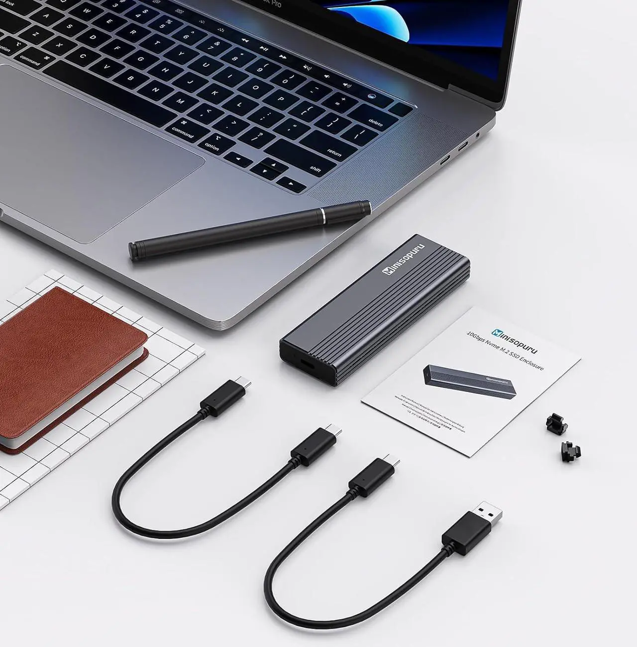 Alt view image 2 of 7 - Minisopuru 10Gbps M.2 NVMe SSD Enclosure, Max 8TB Tool-Free USB-C Aluminum NVMe Enclosure Compatible with M1 M2 Pro/Max Mac, M.2 Enclosure Support M/B+M Keys ( 2230/2242 /2260/2280).